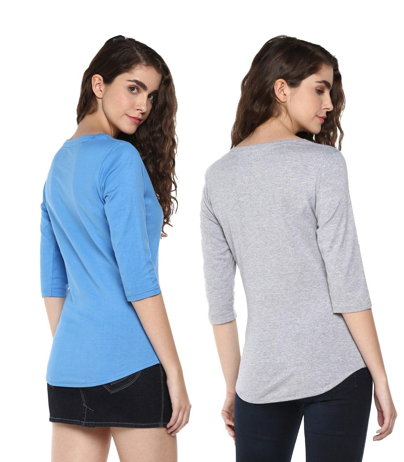 Young Trendz Womens Combo 3/4th Sleeve Cat Printed Sky Blue Color and Frenchfry Printed Grey Color Tshirts - Young Trendz