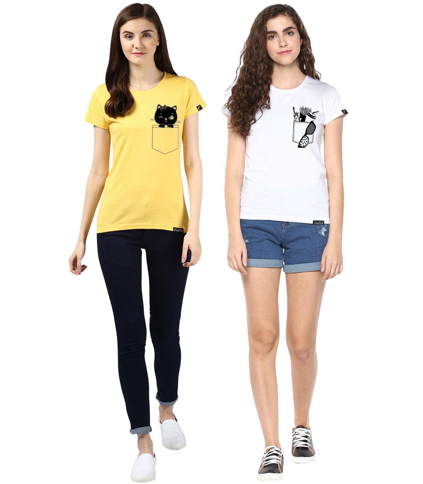 Young Trendz Womens Combo Half Sleeve Cat Printed Yellow Color and Frenchfry Printed White Color Tshirts - Young Trendz