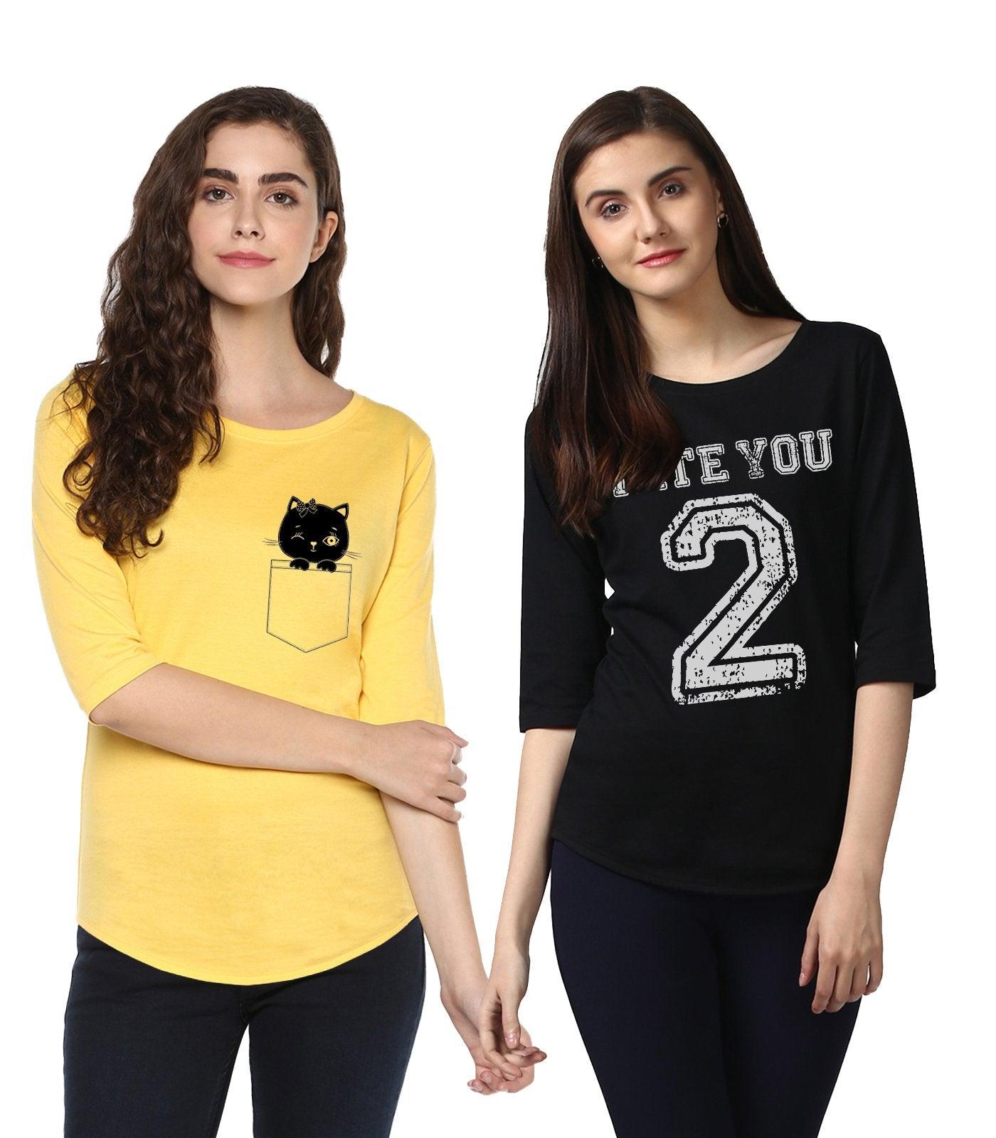 Young Trendz Womens Combo 3/4th Sleeve Cat Printed Yellow Color and Hateyou2 Printed Black Color Tshirts - Young Trendz