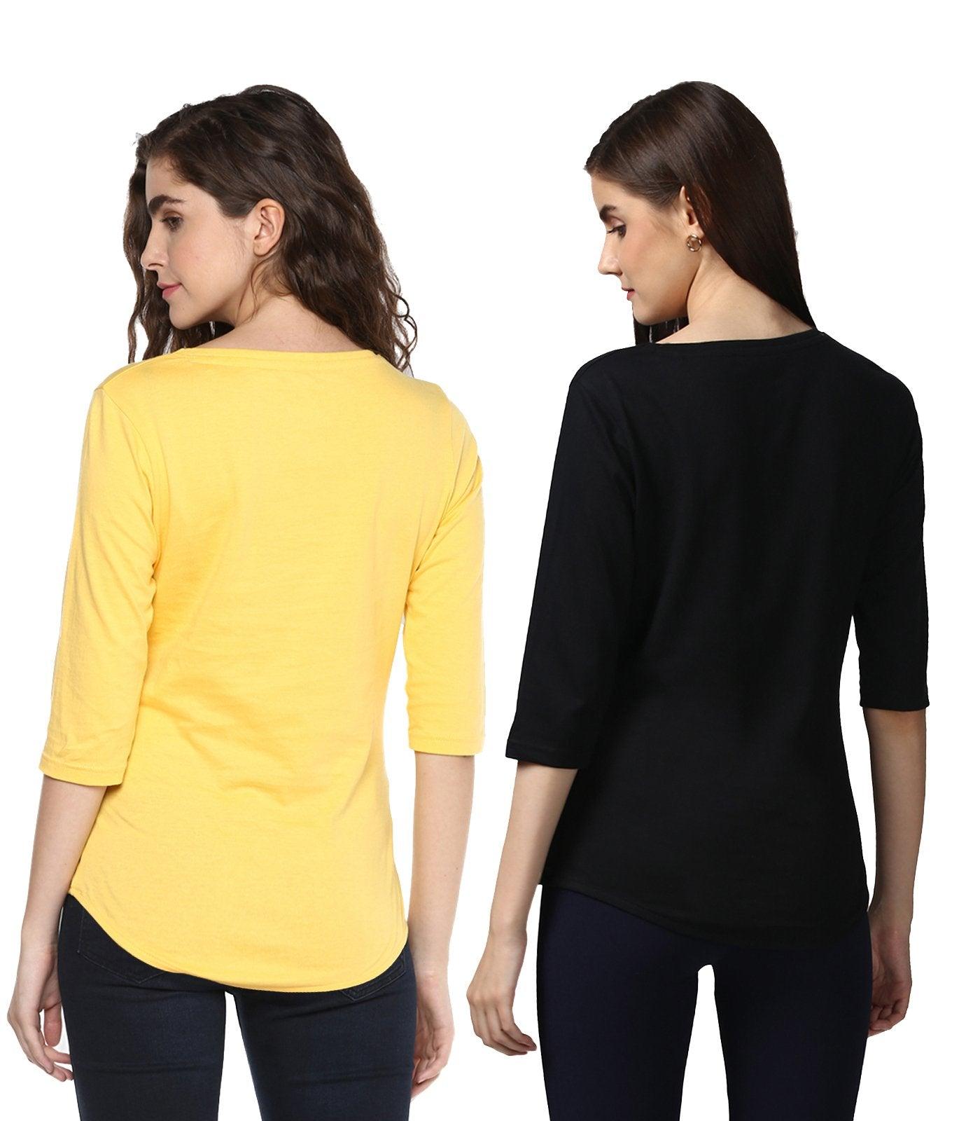 Young Trendz Womens Combo 3/4th Sleeve Cat Printed Yellow Color and Hateyou2 Printed Black Color Tshirts - Young Trendz