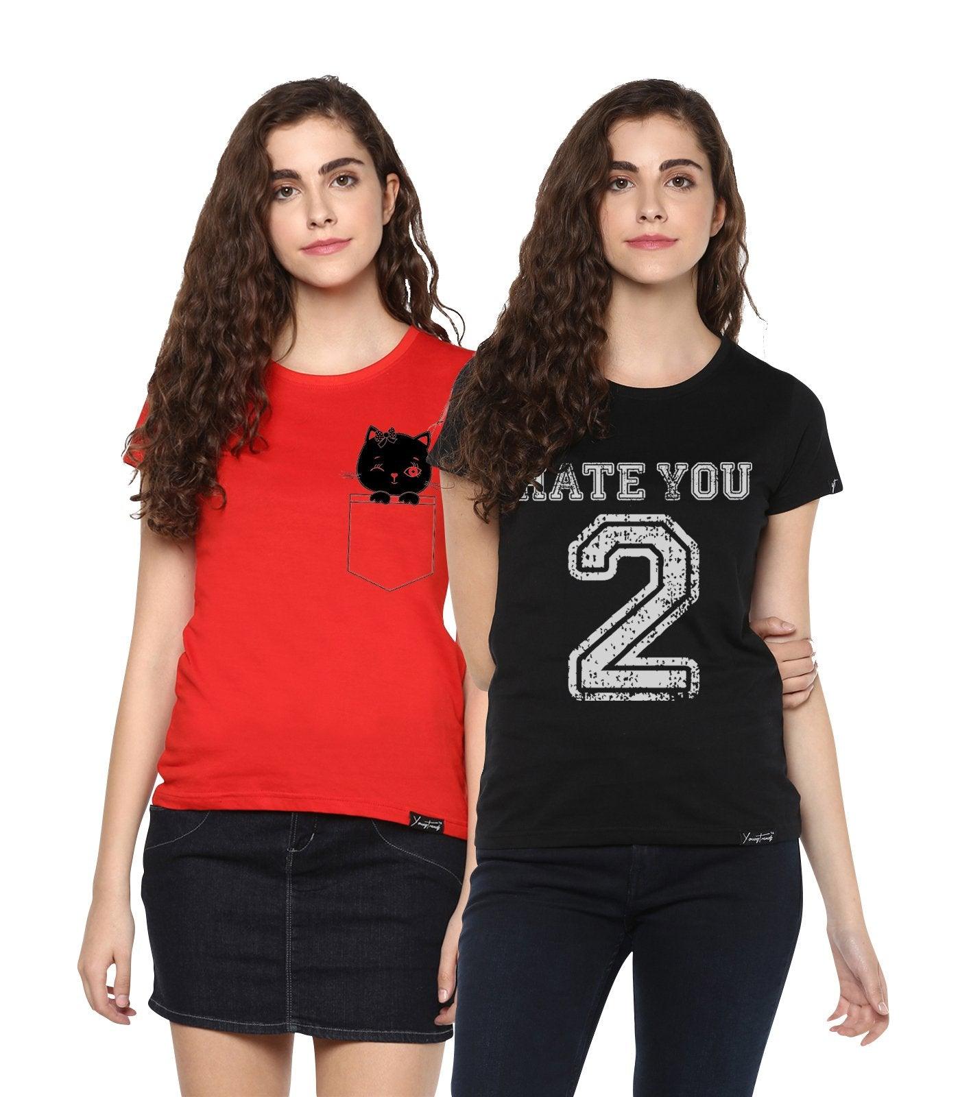 Young Trendz Womens Combo Half Sleeve Cat Printed Red Color and Hateu2 Printed Black Color Tshirts - Young Trendz