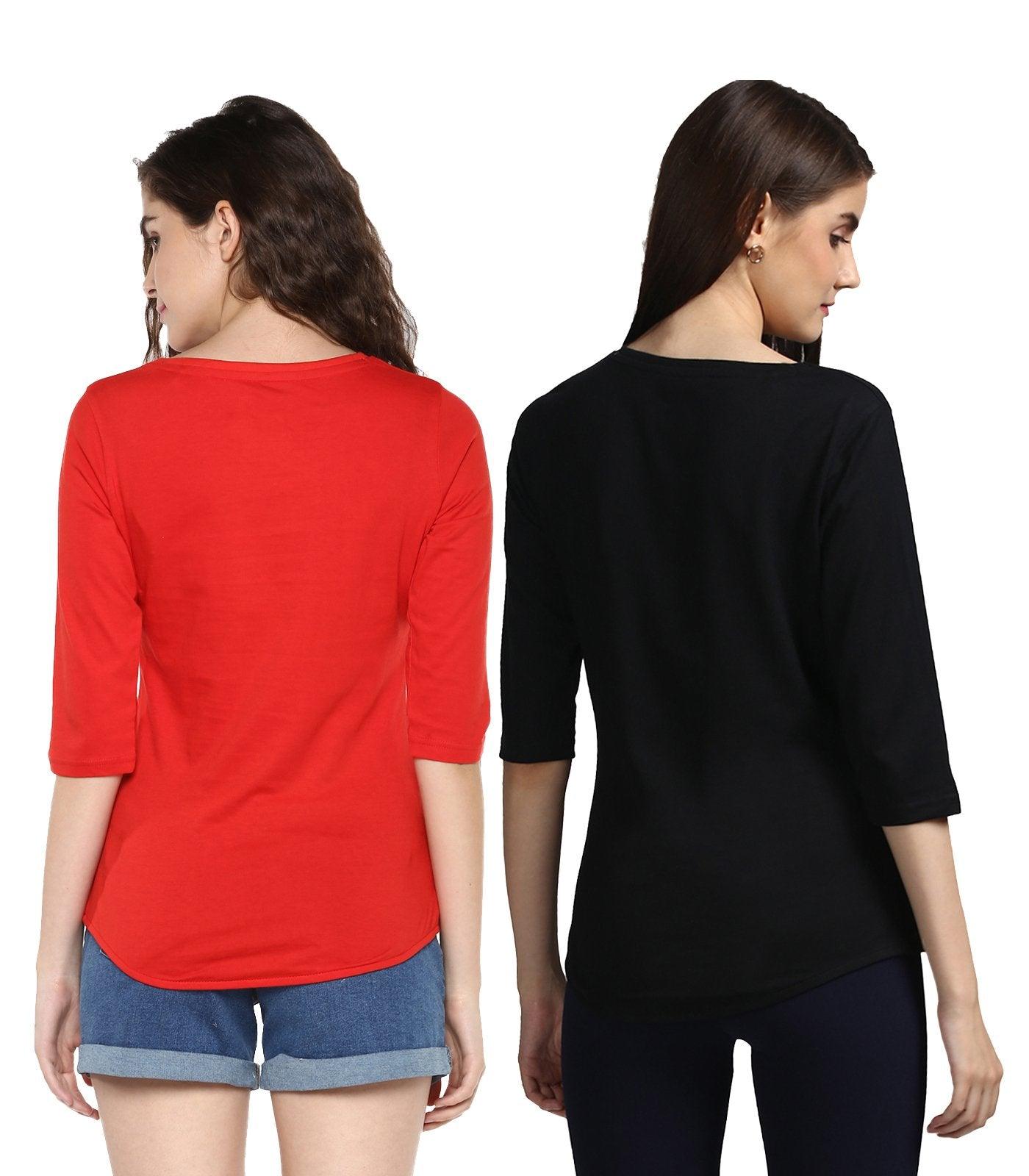 Young Trendz Womens Combo 3/4th Sleeve Cat Printed Red Color and Note2relax Printed Black Color Tshirts - Young Trendz