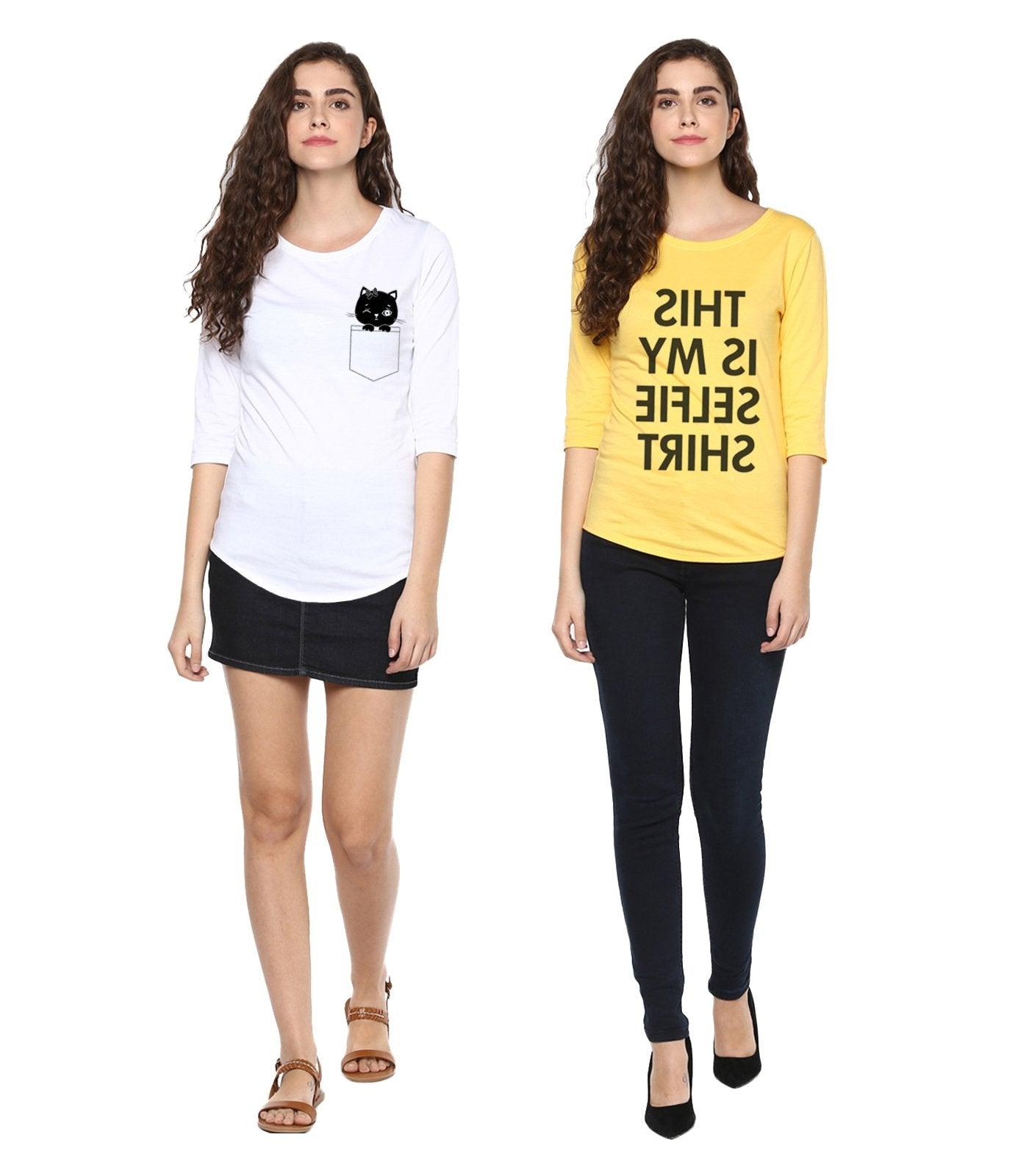 Young Trendz Womens Combo 3/4th Sleeve Cat Printed White Color and Selfie Printed Yellow Color Tshirts - Young Trendz