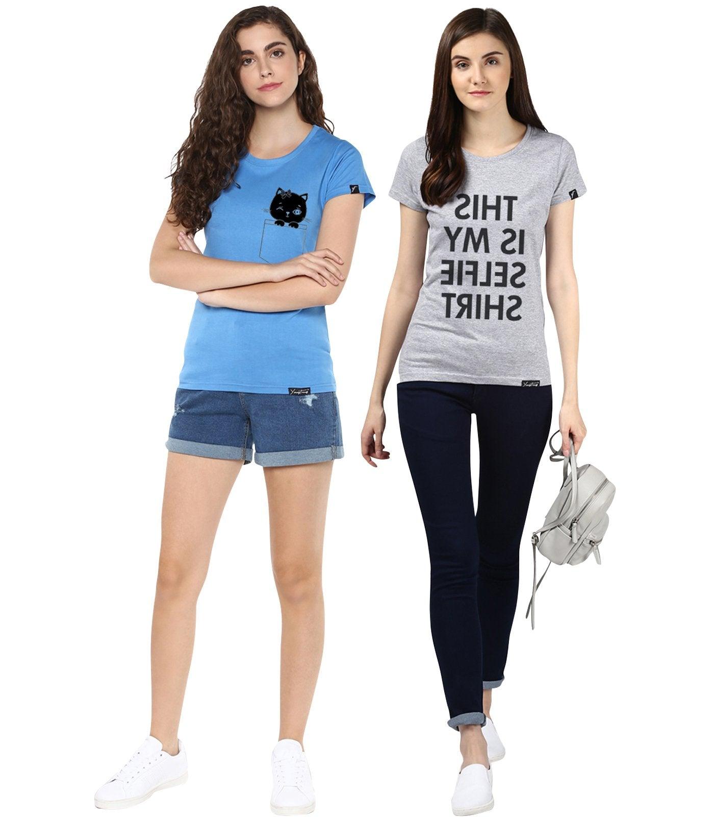 Young Trendz Womens Combo Half Sleeve Cat Printed Skyblue Color and Selfie Printed Grey Color Tshirts - Young Trendz