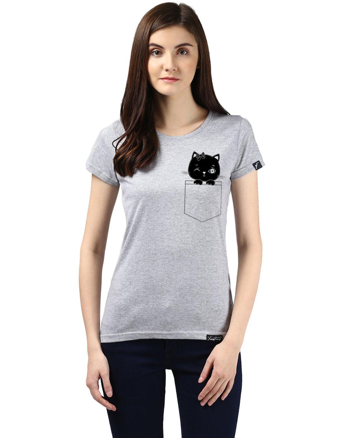 Womens Half Sleeve Cat Printed Grey Color Tshirts - Young Trendz
