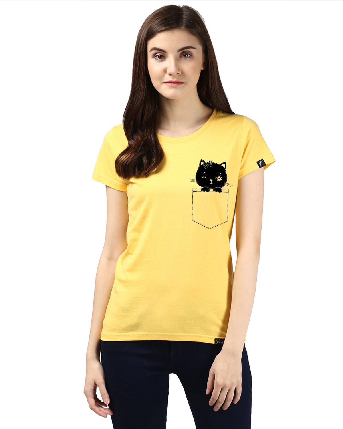 Womens Half Sleeve Cat Printed Yellow Color Tshirts - Young Trendz