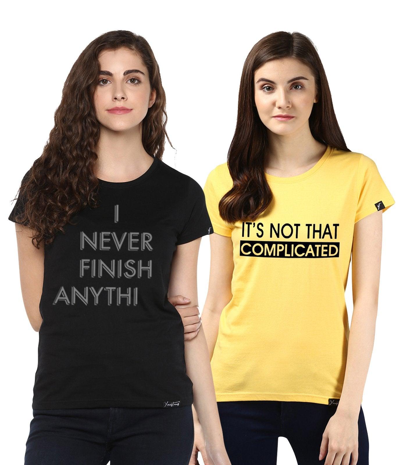 Young Trendz Womens Combo Half Sleeve Complicate Printed Yellow Color and Finish Printed Black Color Tshirts - Young Trendz