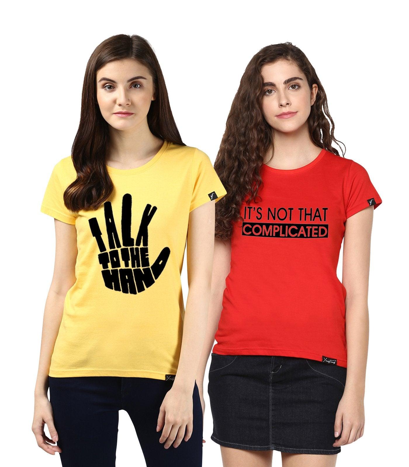 Young Trendz Womens Combo Half Sleeve Complicate Printed Red Color and Talk Printed Yellow Color Tshirts - Young Trendz