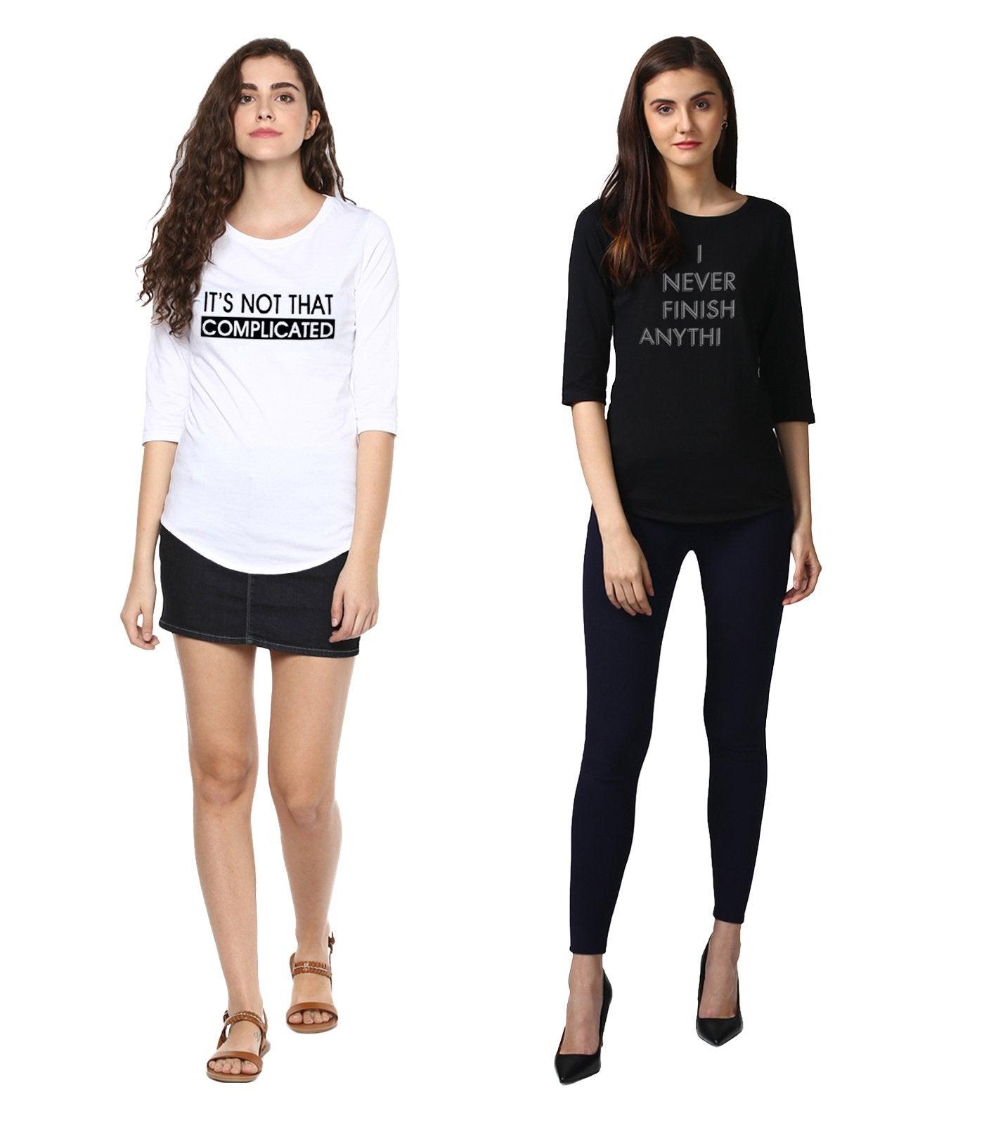 Young Trendz Womens Combo 3/4th Sleeve Complicated Printed White Color and Finish Printed Black Color Tshirts - Young Trendz