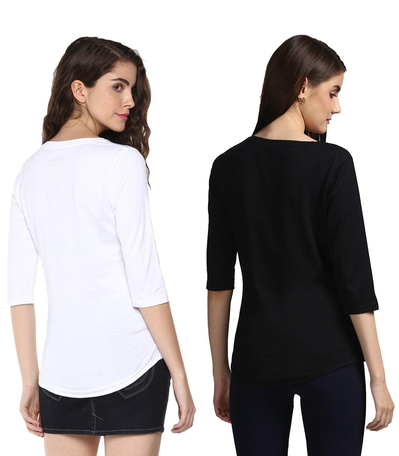 Young Trendz Womens Combo 3/4th Sleeve Complicated Printed White Color and Finish Printed Black Color Tshirts - Young Trendz