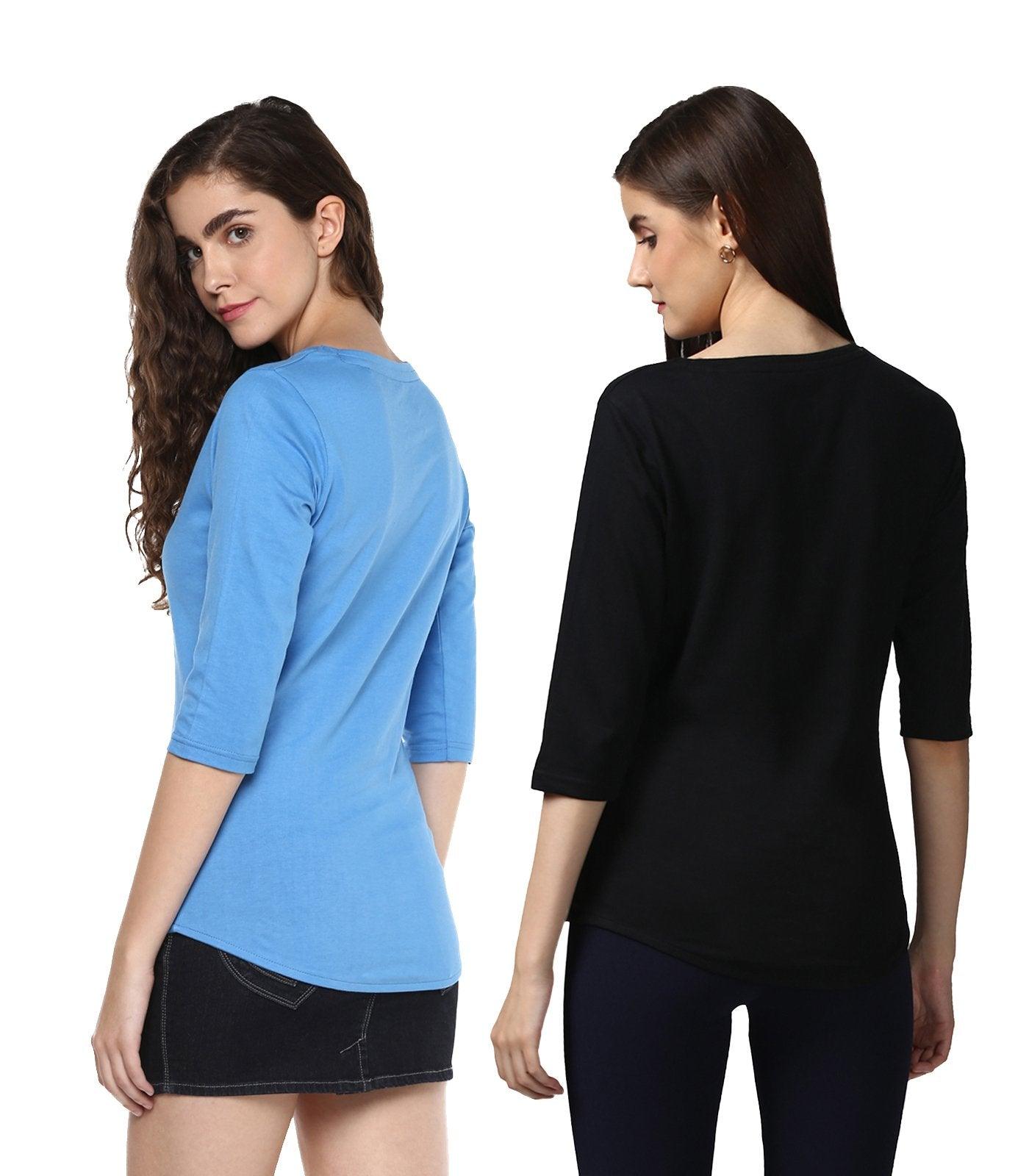 Young Trendz Womens Combo 3/4th Sleeve Complicated Printed Sky Blue Color and Hateyou2 Printed Black Color Tshirts - Young Trendz