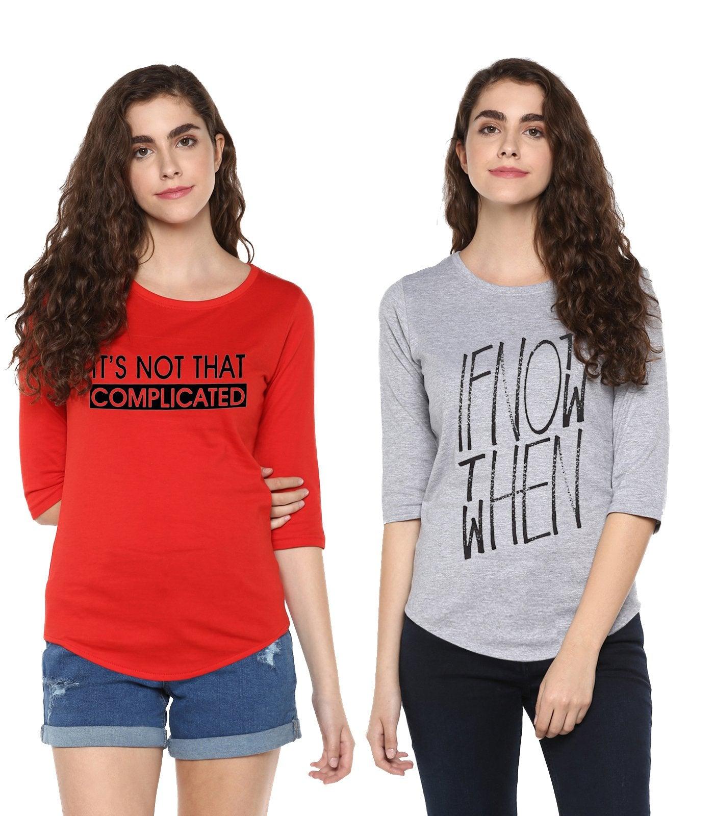 Young Trendz Womens Combo 3/4th Sleeve Complicated Printed Red Color and Ifnot Printed Grey Color Tshirts - Young Trendz