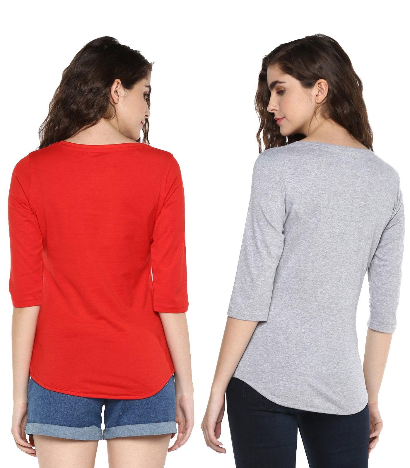 Young Trendz Womens Combo 3/4th Sleeve Complicated Printed Red Color and Ifnot Printed Grey Color Tshirts - Young Trendz