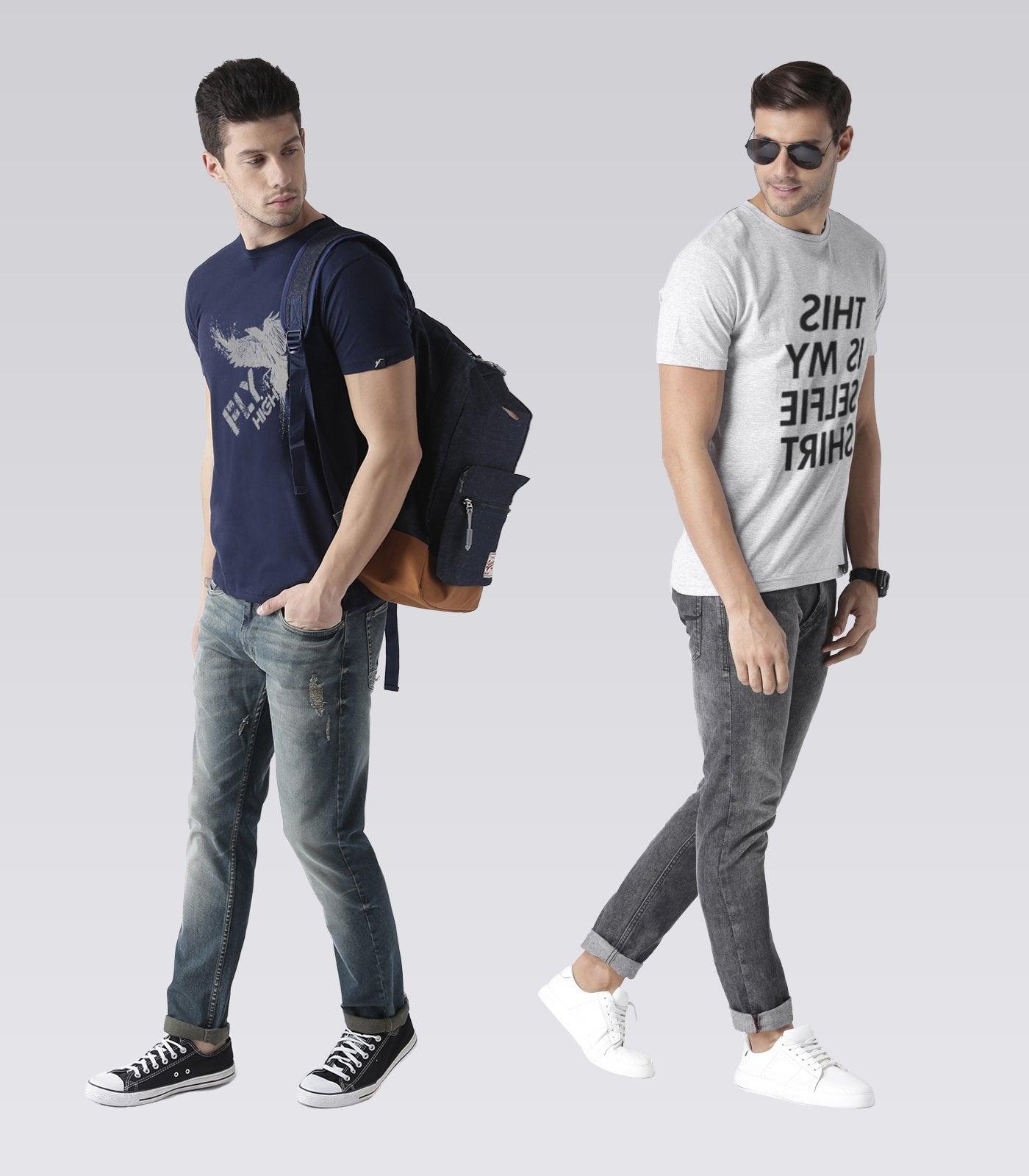 Young Trendz Mens Combo Flyhigh Navy Color and Selfie White Color Half Sleeve Printed T-Shirts - Young Trendz
