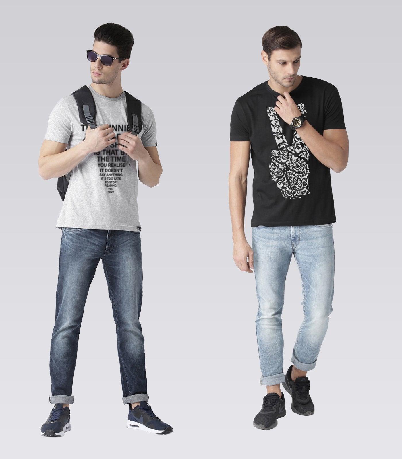 Young Trendz Mens Combo Funnytext Grey Color and Peace Black Color Half Sleeve Printed T-Shirts - Young Trendz