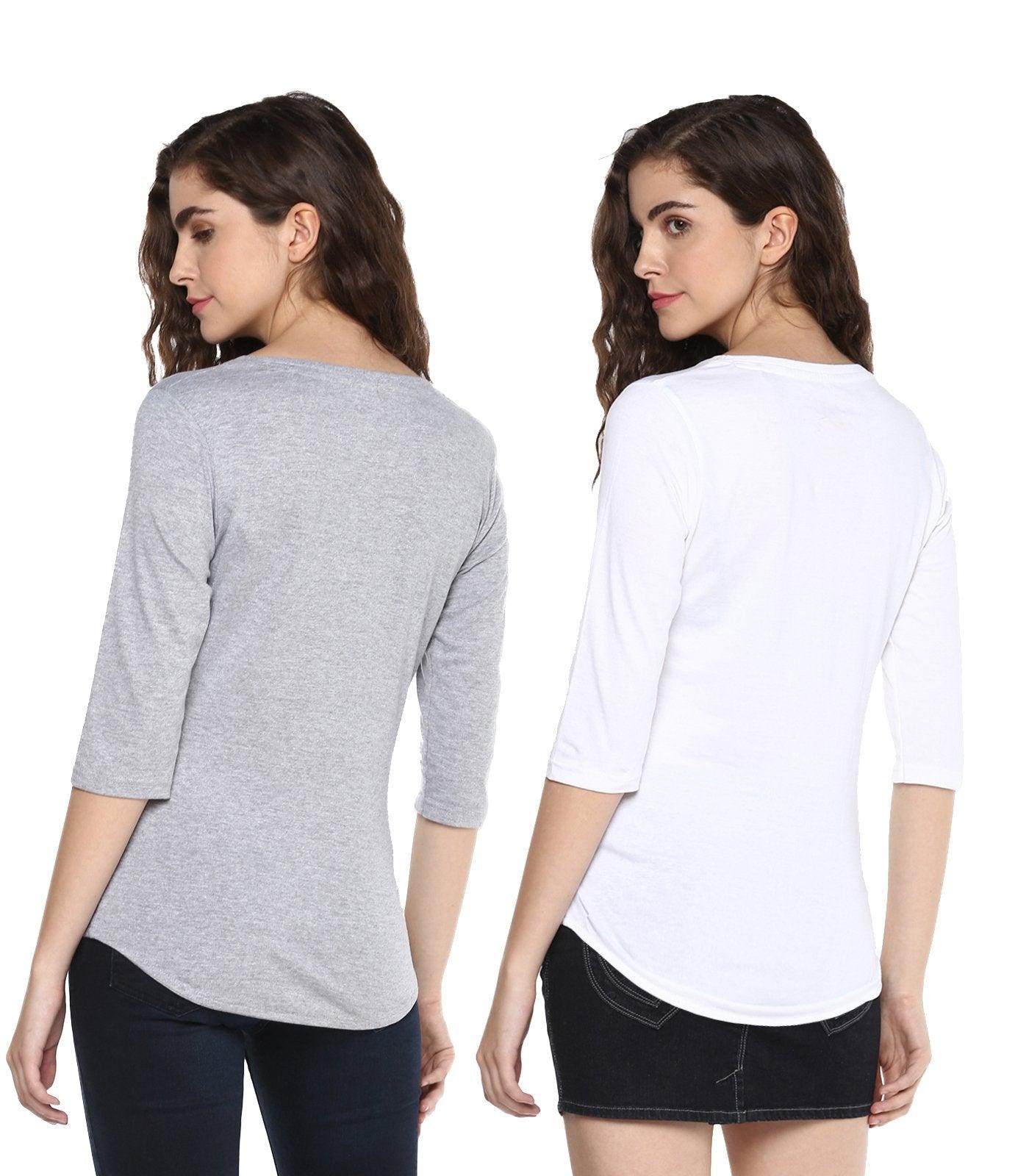 Young Trendz Womens Combo 3/4th Sleeve Girlpower Printed Grey Color and Frenchfry Printed White Color Tshirts - Young Trendz