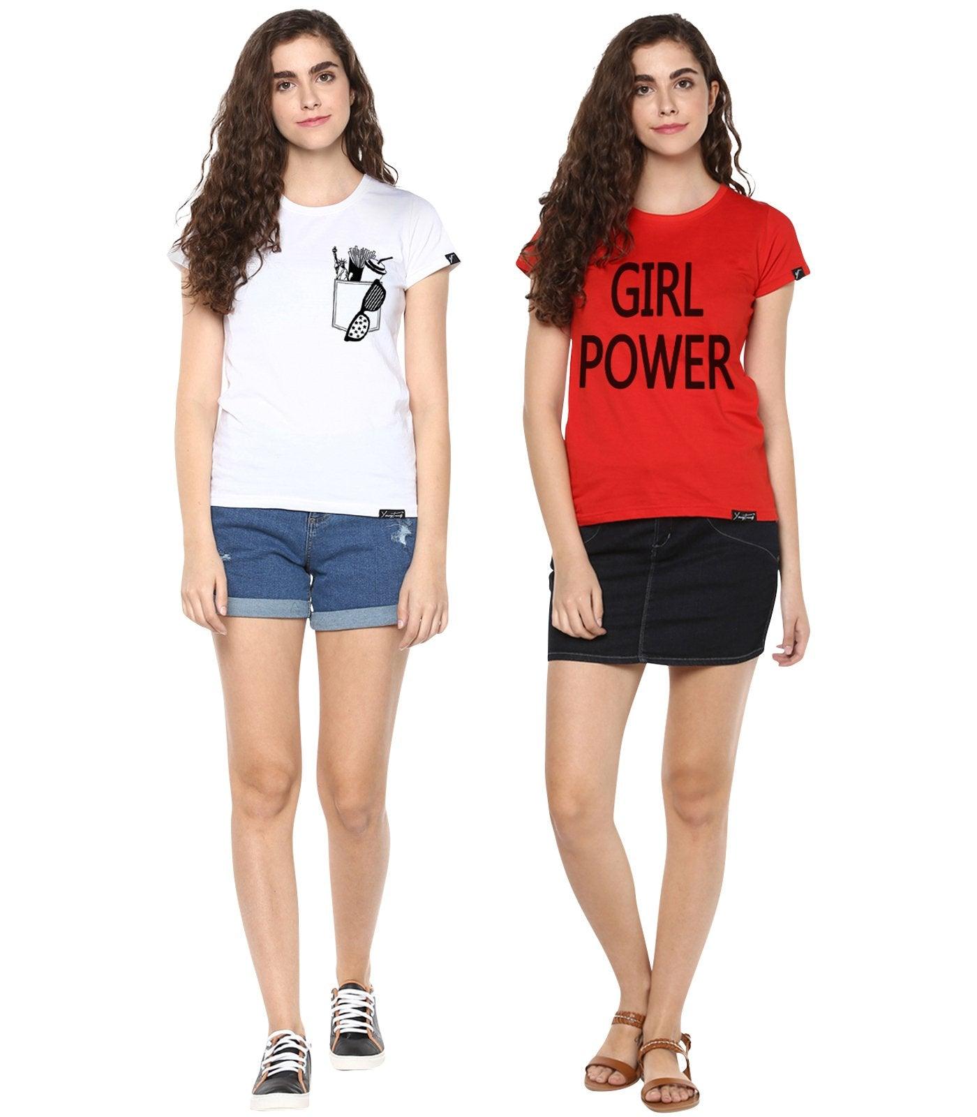Young Trendz Womens Combo Half Sleeve Girlpower Printed Red Color and Frenchfry Printed White Color Tshirts - Young Trendz