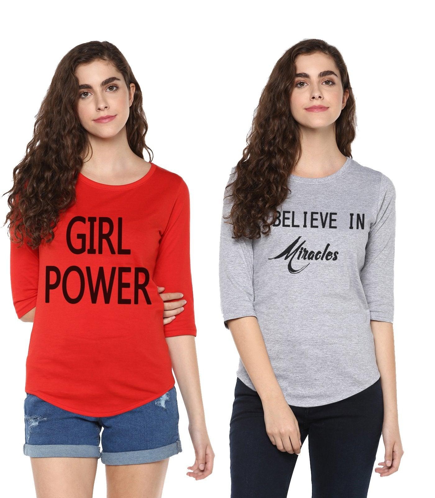 Young Trendz Womens Combo 3/4th Sleeve Girlpower Printed Red Color and Miracle Printed Grey Color Tshirts - Young Trendz