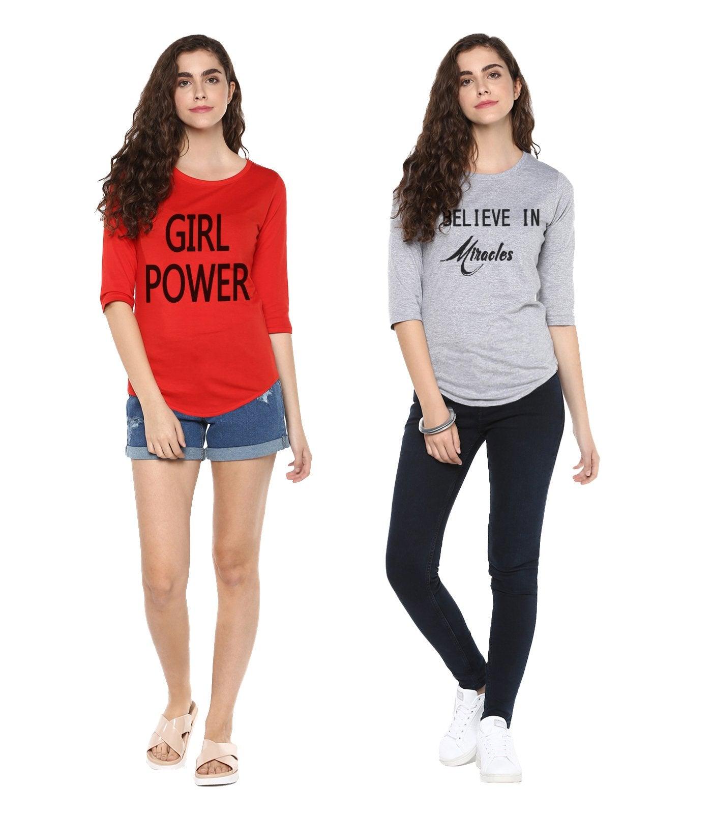 Young Trendz Womens Combo 3/4th Sleeve Girlpower Printed Red Color and Miracle Printed Grey Color Tshirts - Young Trendz