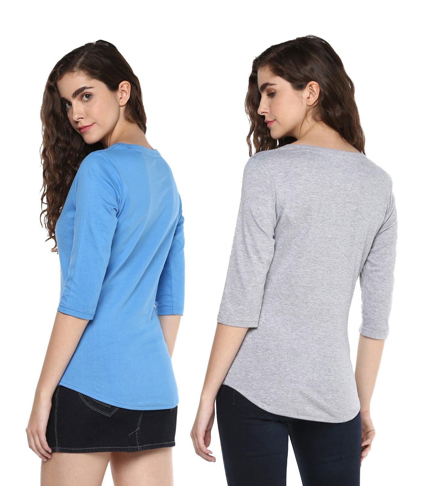 Young Trendz Womens Combo 3/4th Sleeve Girlpower Printed Sky Blue Color and Selfie Printed Grey Color Tshirts - Young Trendz