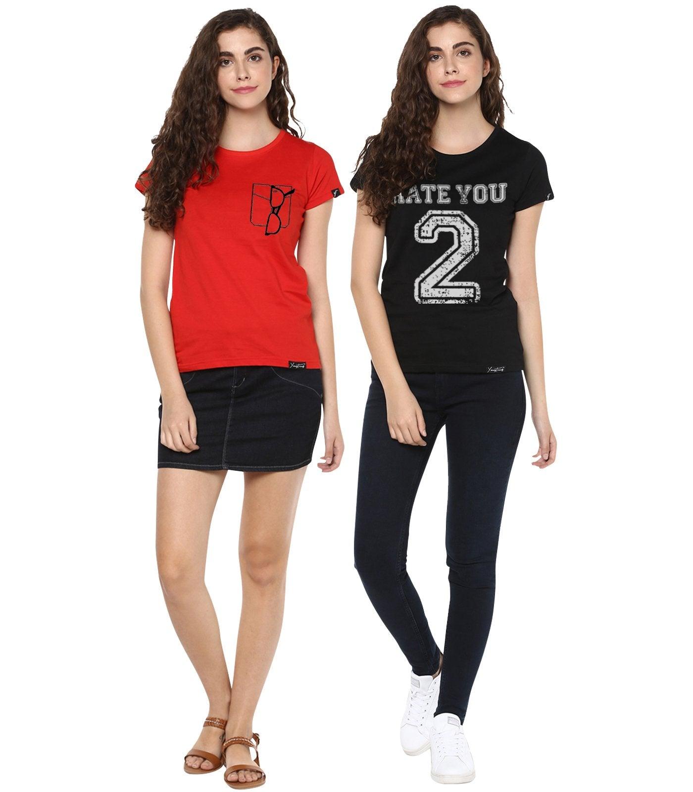 Young Trendz Womens Combo Half Sleeve Glass Red Color and Hateu2 Printed Black Color Tshirts - Young Trendz
