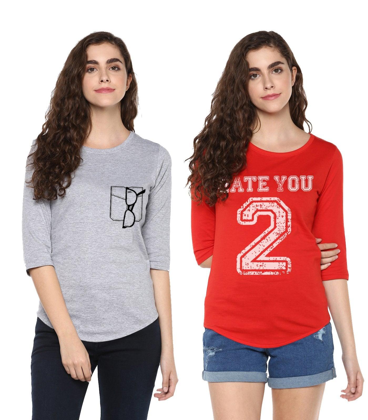 Young Trendz Womens Combo 3/4th Sleeve Glass Printed Grey Color and Hateyou2 Printed Red Color Tshirts - Young Trendz
