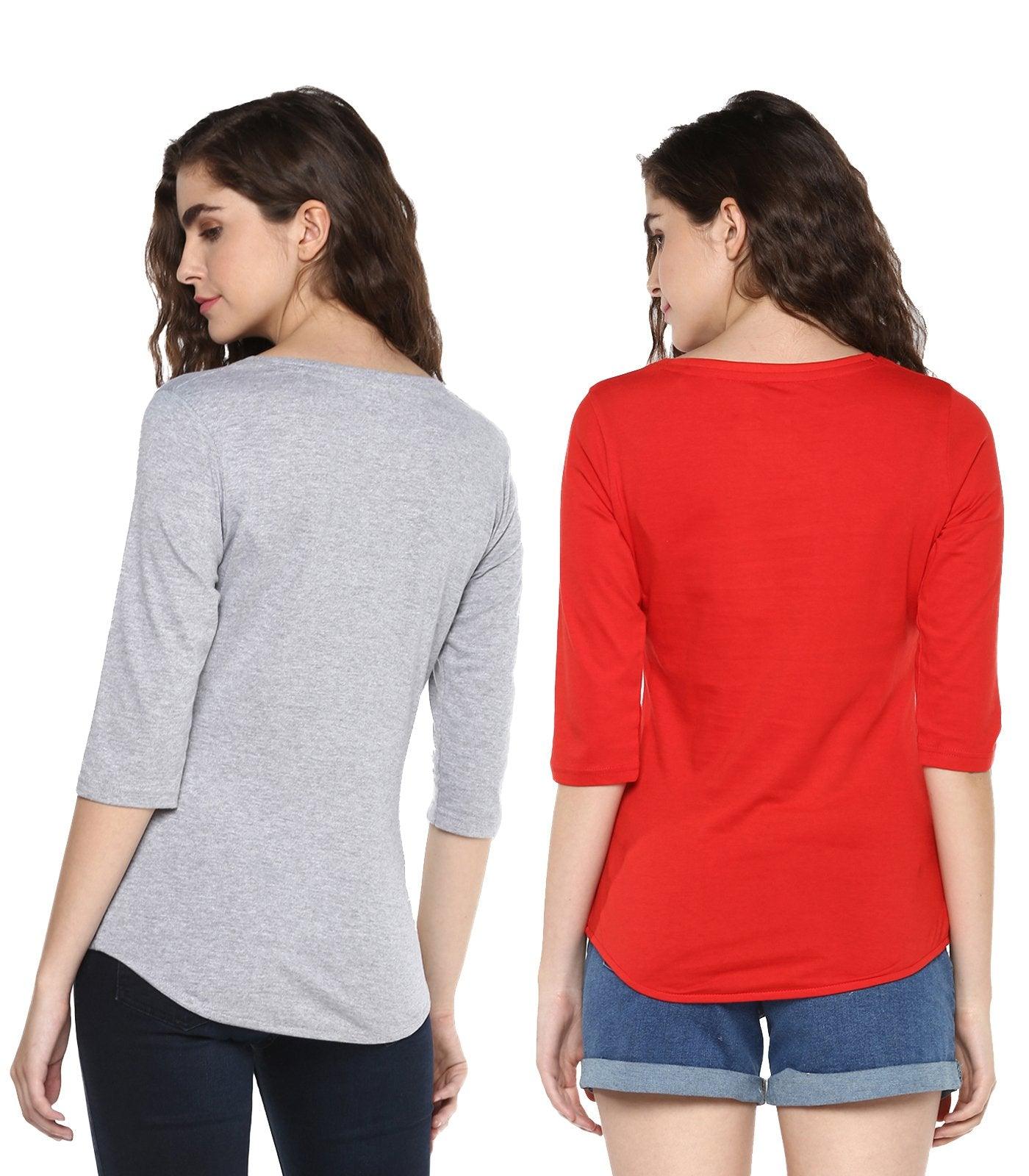 Young Trendz Womens Combo 3/4th Sleeve Glass Printed Grey Color and Hateyou2 Printed Red Color Tshirts - Young Trendz