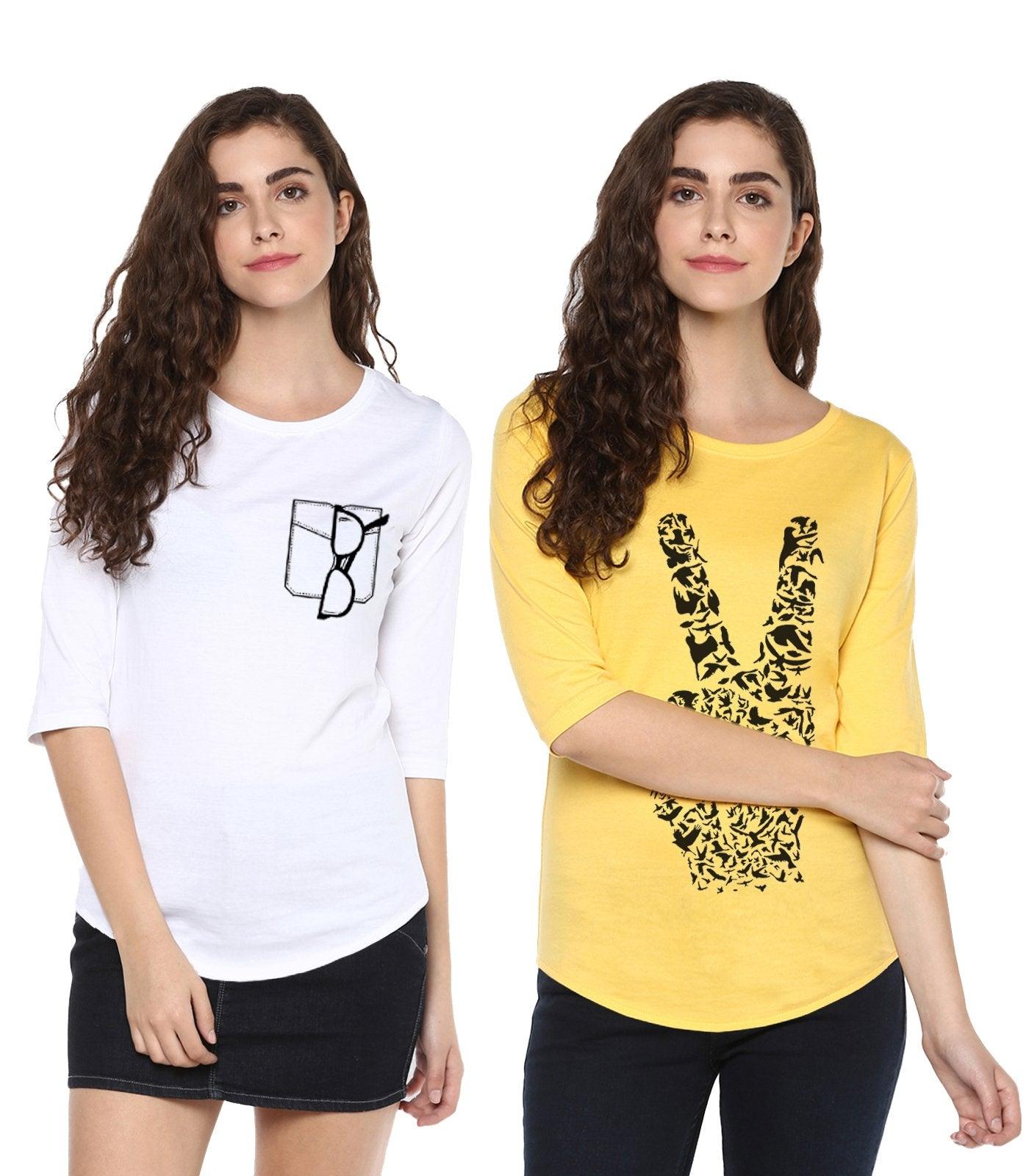 Young Trendz Womens Combo 3/4th Sleeve Glass Printed White Color and Peace Printed Yellow Color Tshirts - Young Trendz