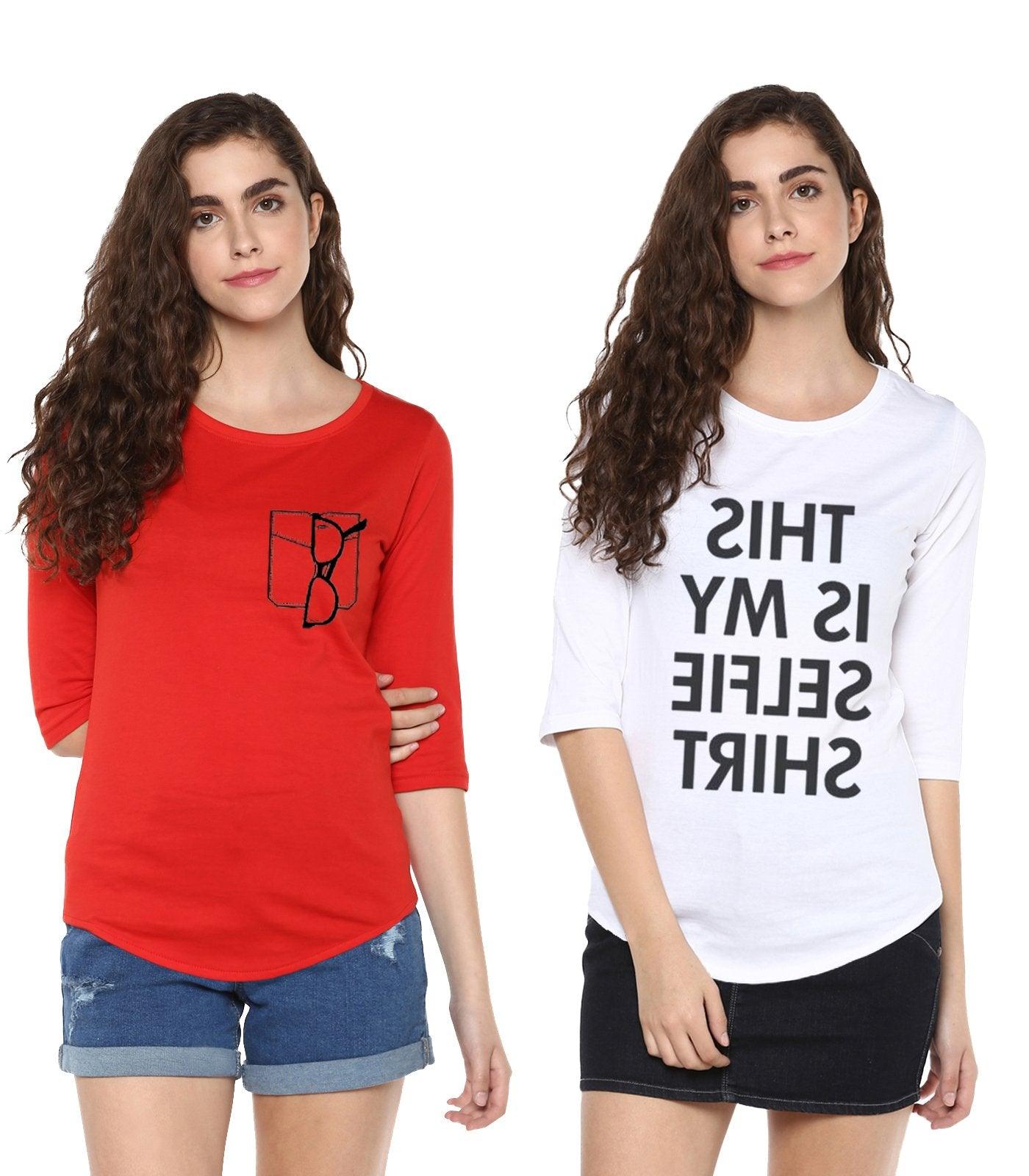 Young Trendz Womens Combo 3/4th Sleeve Glass Printed Red Color and Selfie Printed White Color Tshirts - Young Trendz