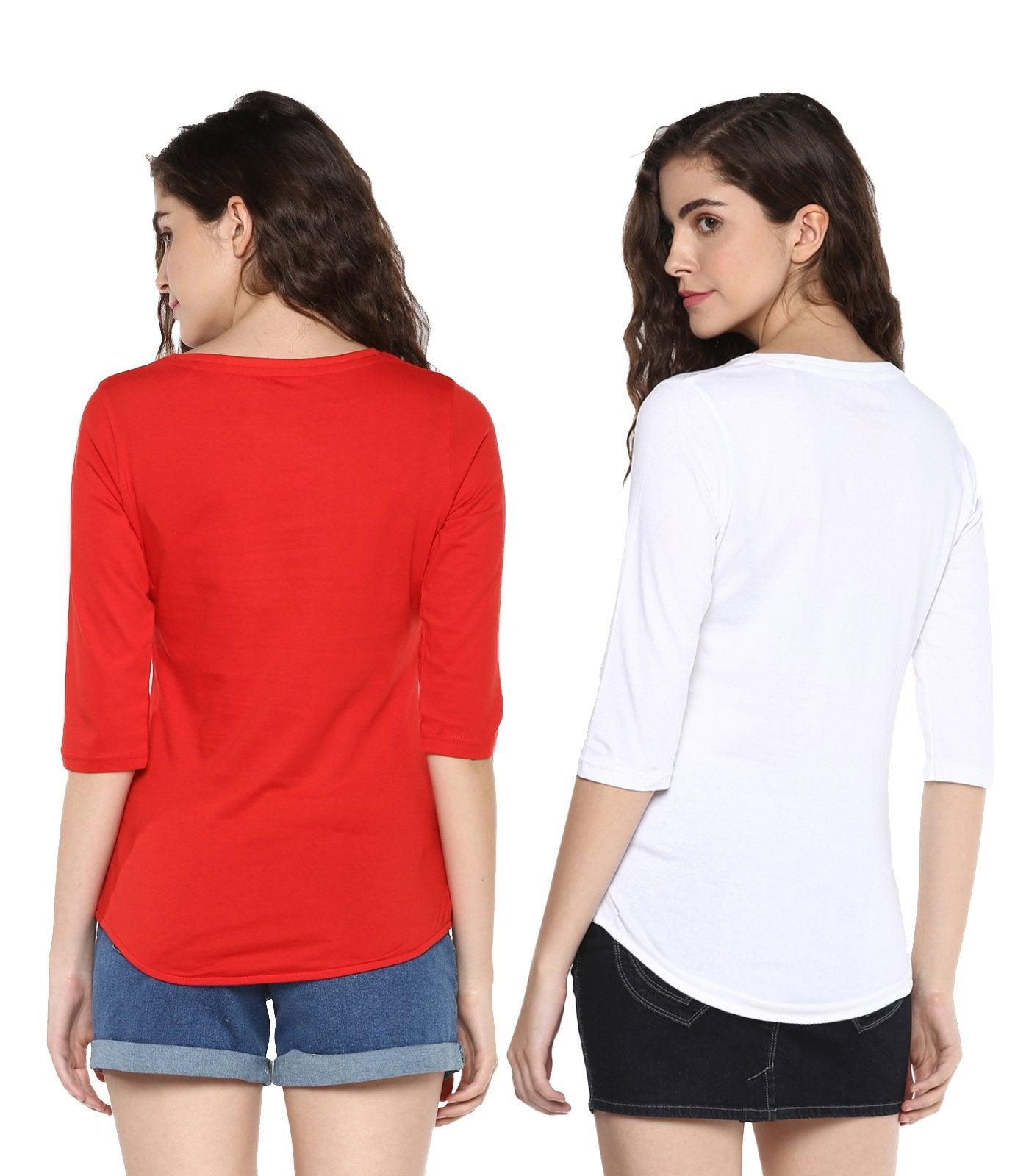 Young Trendz Womens Combo 3/4th Sleeve Glass Printed Red Color and Selfie Printed White Color Tshirts - Young Trendz