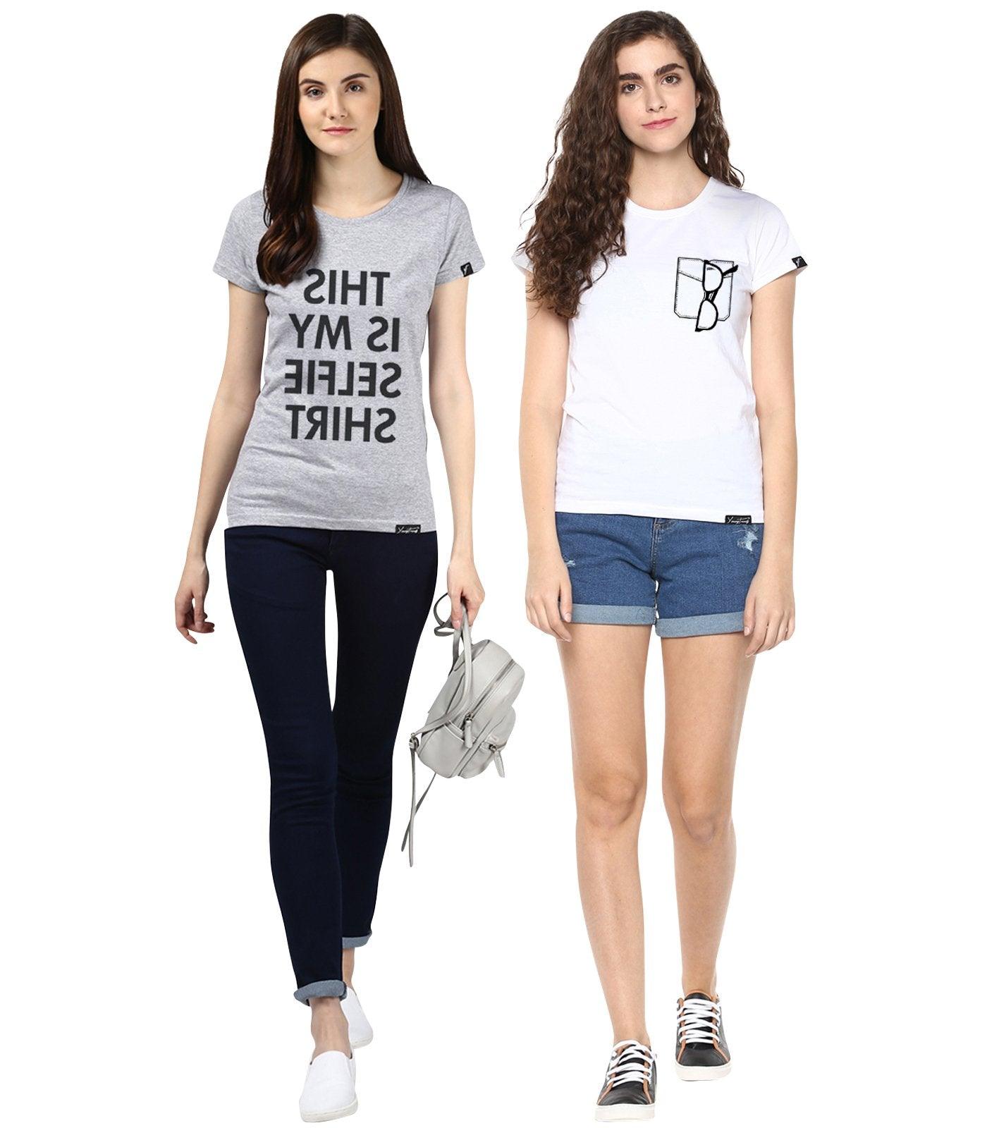 Young Trendz Womens Combo Half Sleeve Glass Printed White Color and Selfie Printed Grey Color Tshirts - Young Trendz