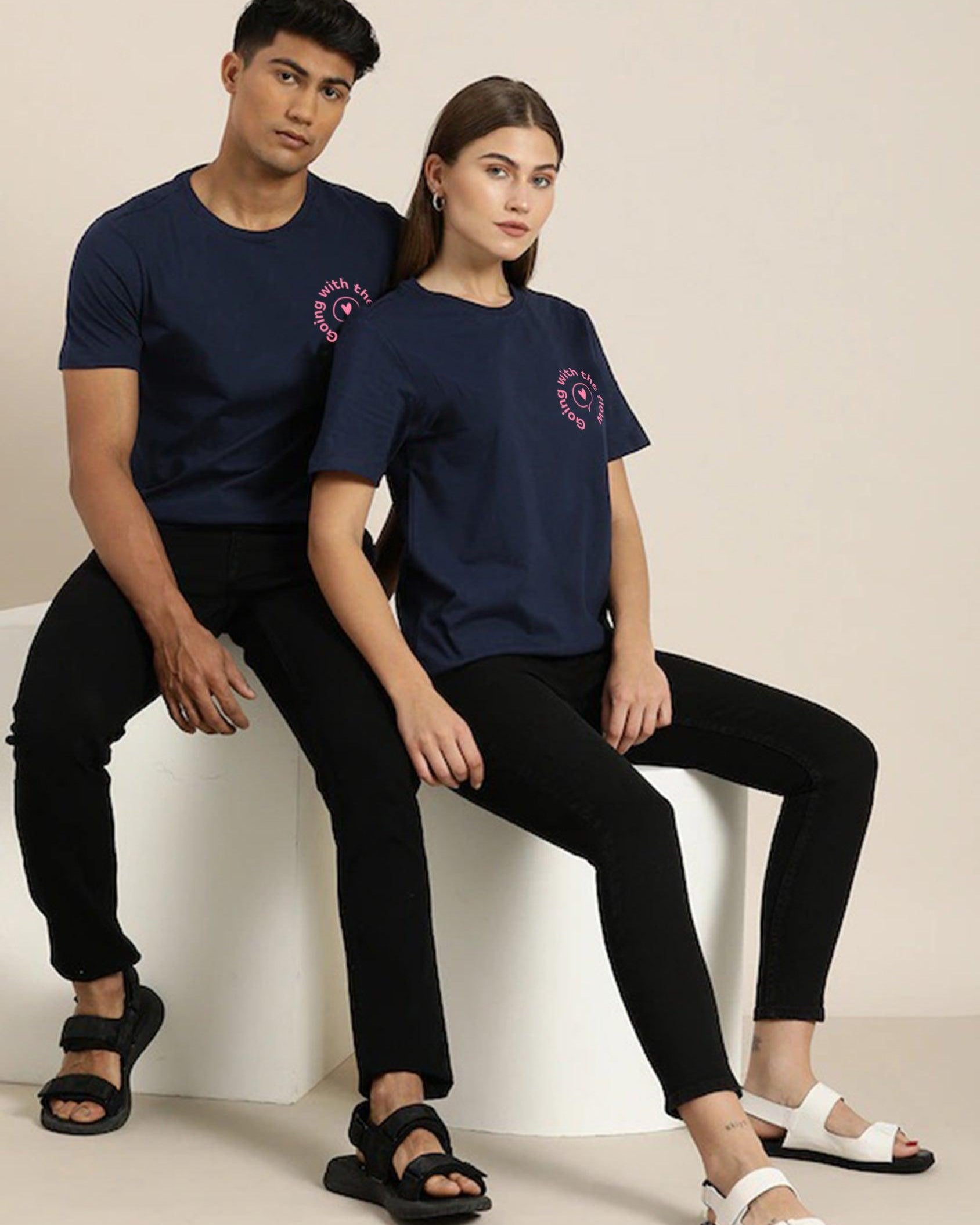 Young Trendz Couple Printed Round Neck T.Shirts (Navy) - Young Trendz