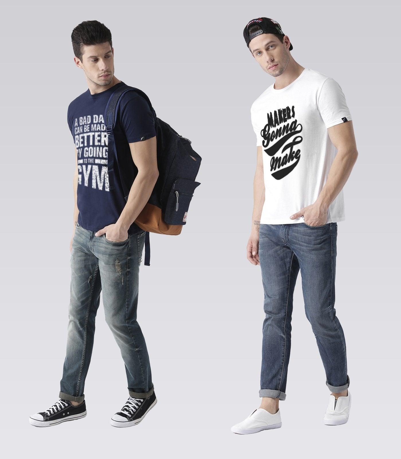 Young Trendz Mens Combo Gym Navy Color and Maker White Color Half Sleeve Printed T-Shirts - Young Trendz