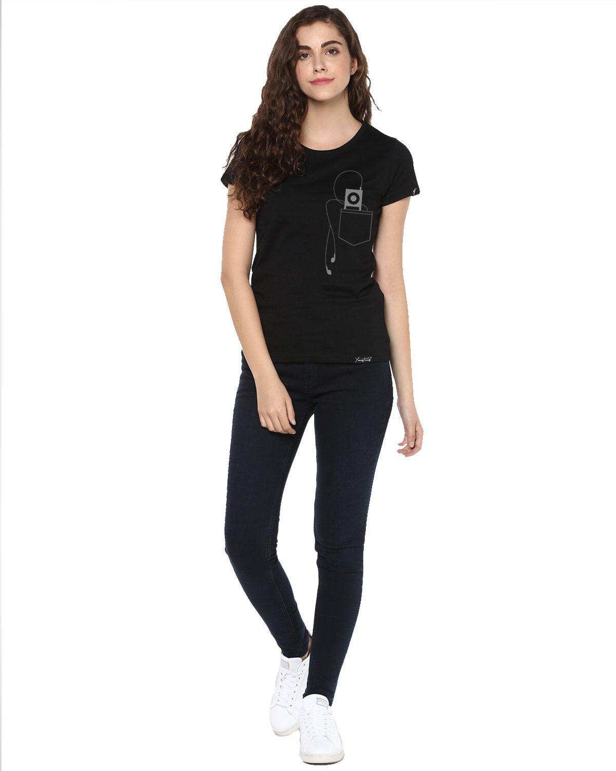 Womens Half Sleeve Headphone Printed Black Color Tshirts - Young Trendz