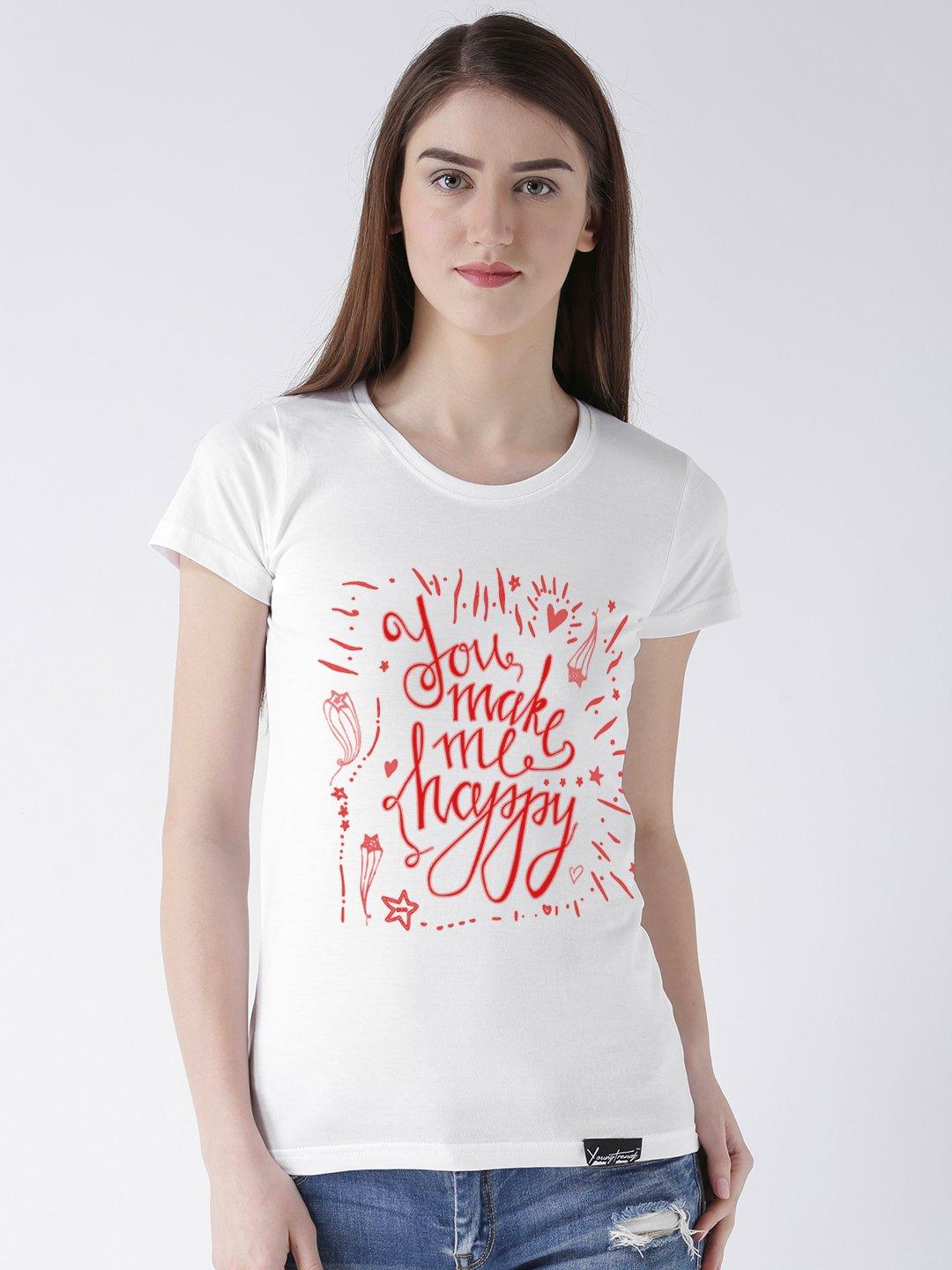 Happy Printed White Color Couple Tshirts - Young Trendz