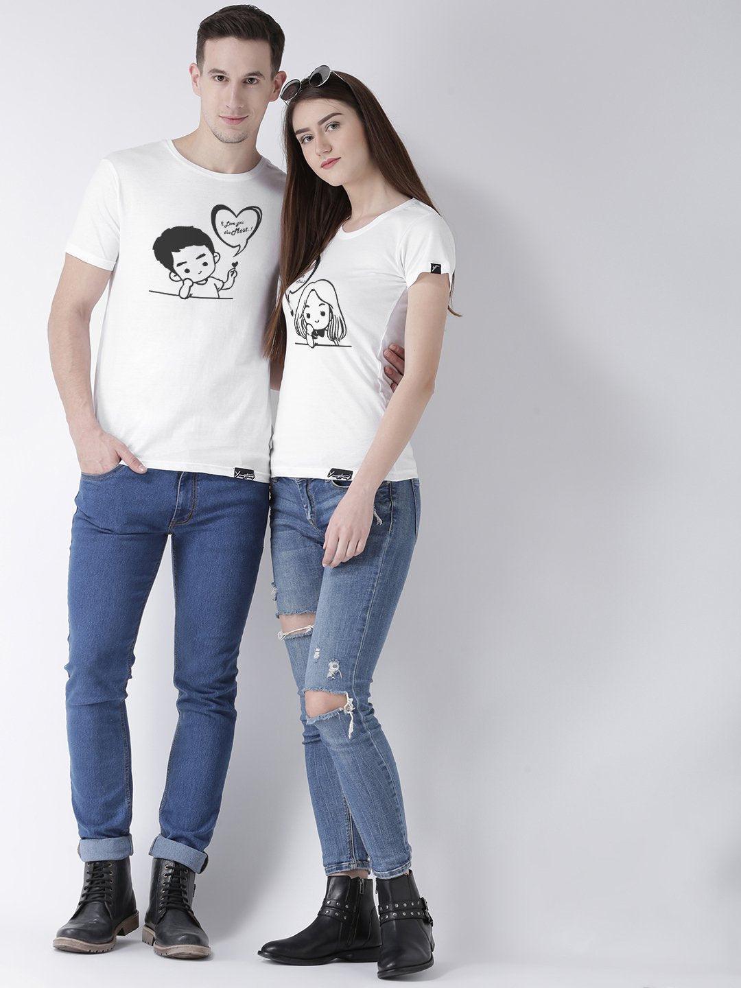 Love you Printed White Color Couple Tshirts - Young Trendz