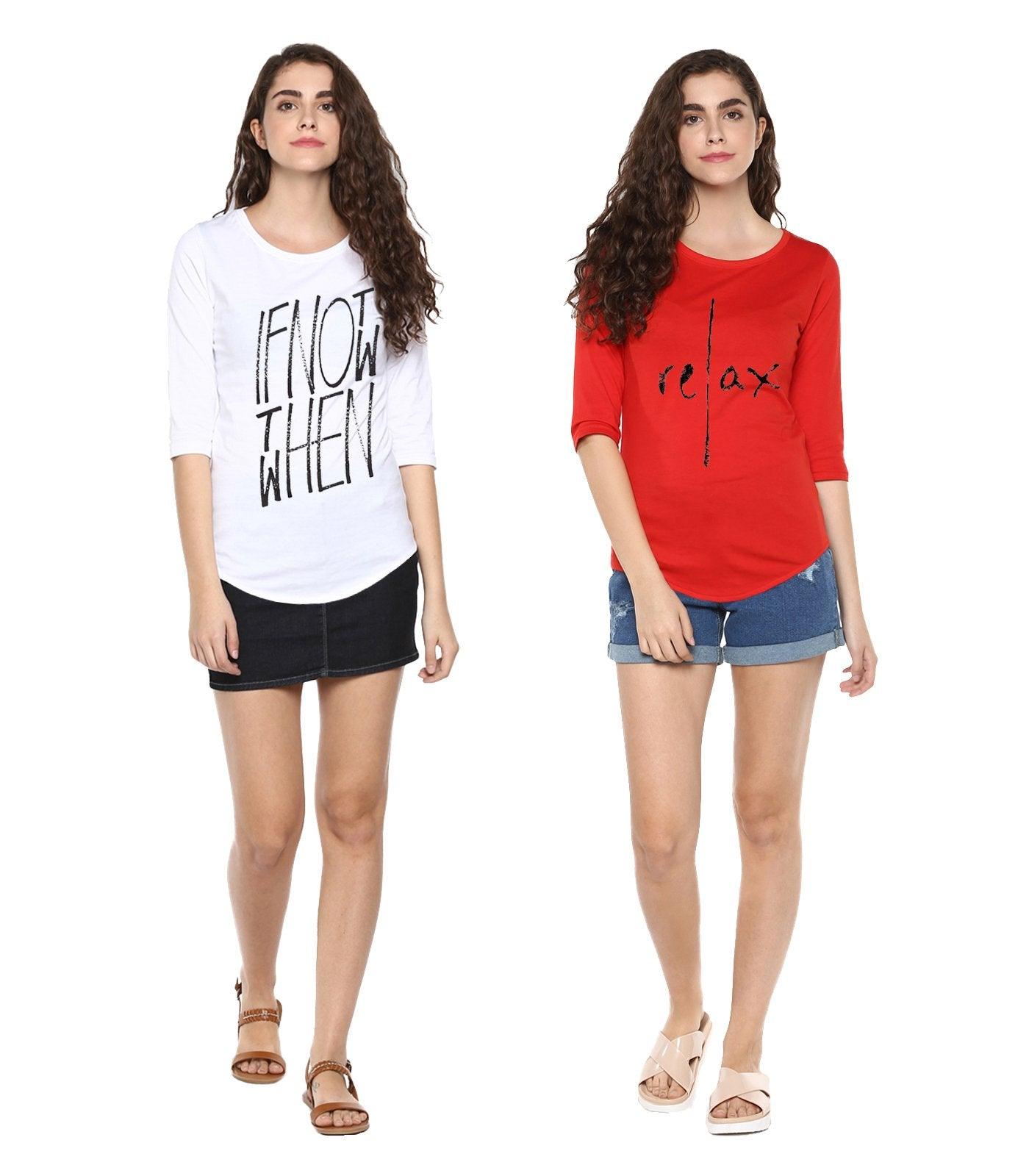 Young Trendz Womens Combo 3/4th Sleeve Ifnot Printed White Color and Relax Printed Red Color Tshirts - Young Trendz