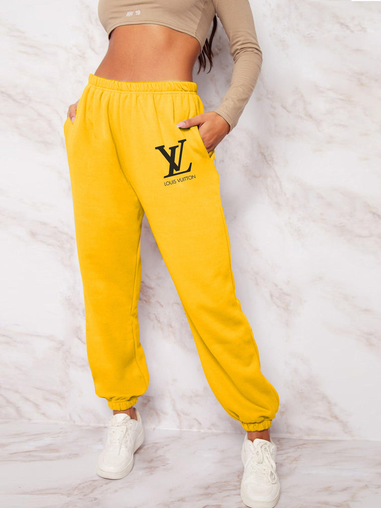 Women's Pocket Printed(LV) Jogger Sweatpants (Sunflower Yellow) - Young Trendz