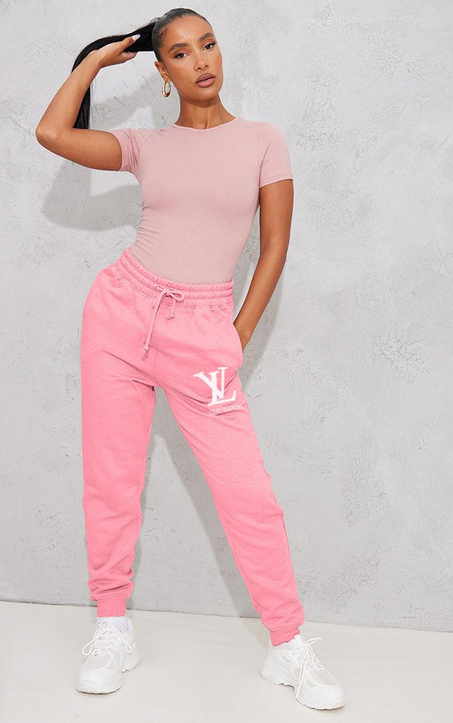 Women's Pocket Printed(LV) Jogger Sweatpants (Baby Pink) - Young Trendz