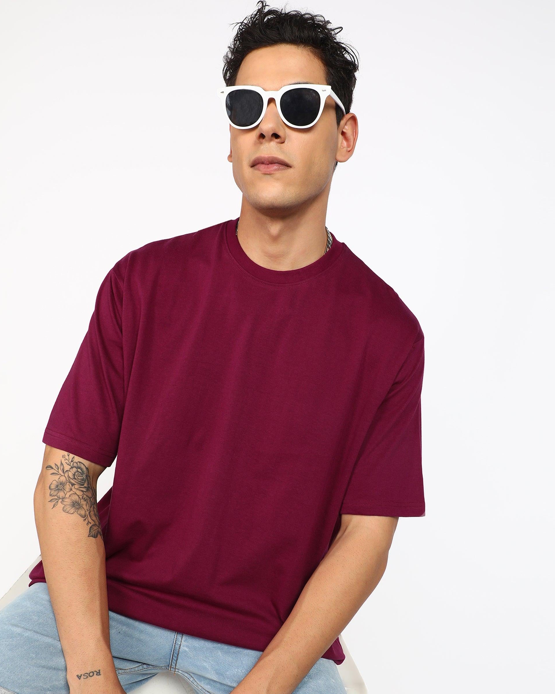 Solid Mens Oversize Tshirt Solid Men Round Neck Maroon T-Shirt - Young Trendz