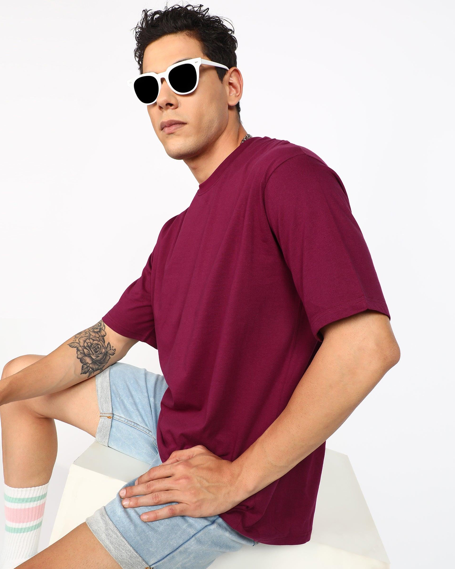 Solid Mens Oversize Tshirt Solid Men Round Neck Maroon T-Shirt - Young Trendz