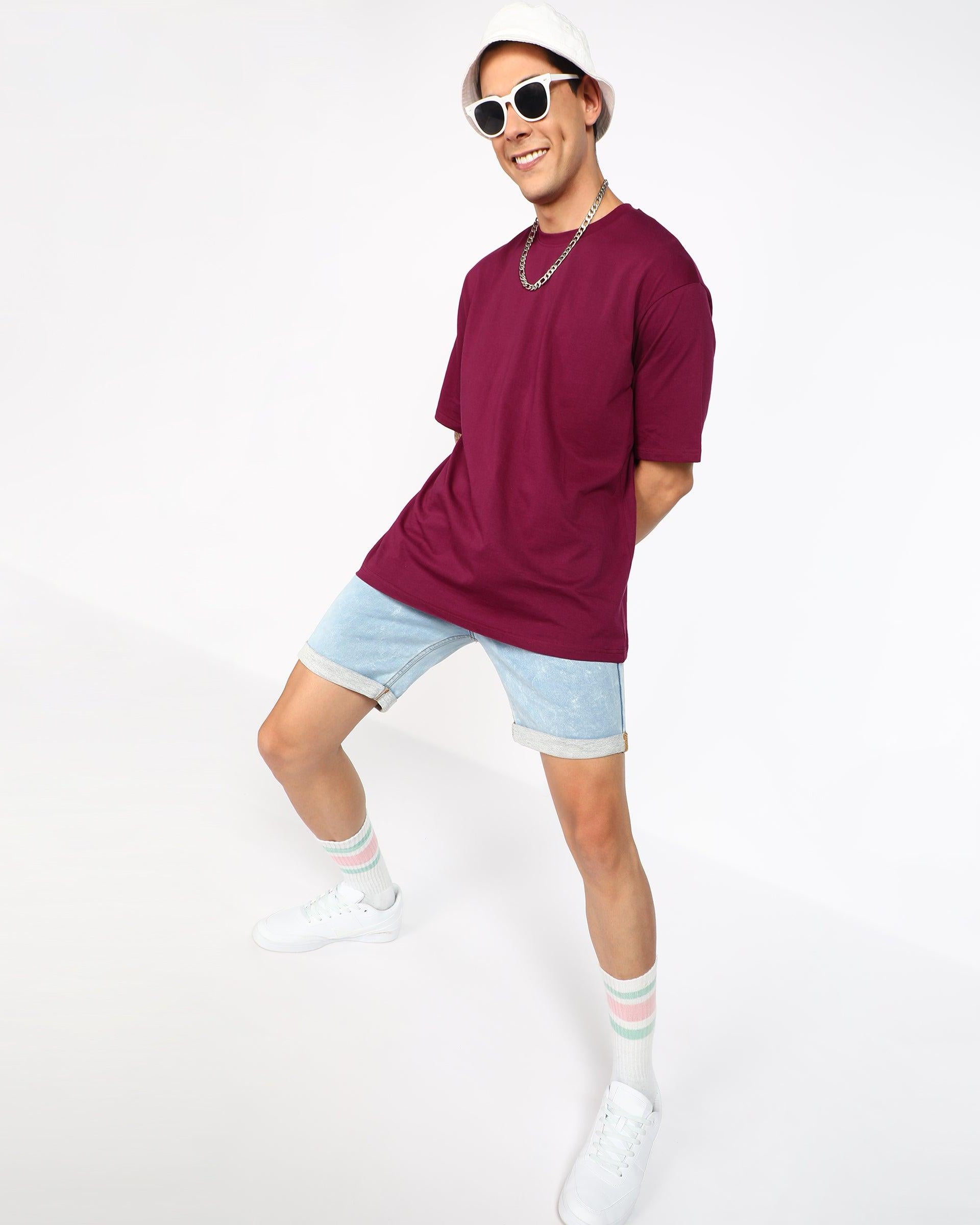 Solid Mens Oversize Tshirt Solid Men Round Neck Maroon T-Shirt - Young Trendz