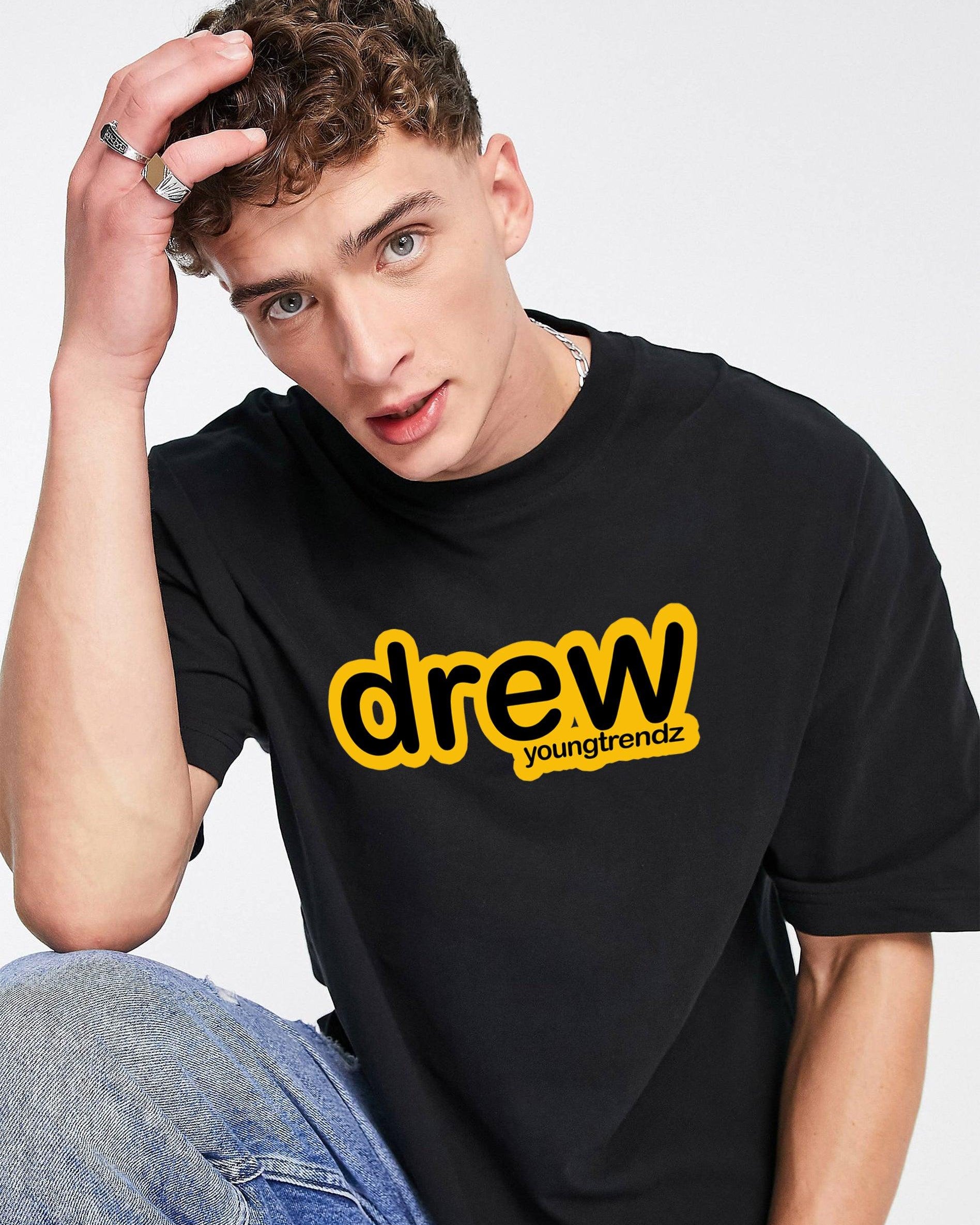 Overzided Drew Typography Men Round Neck Black T-Shirt - Young Trendz