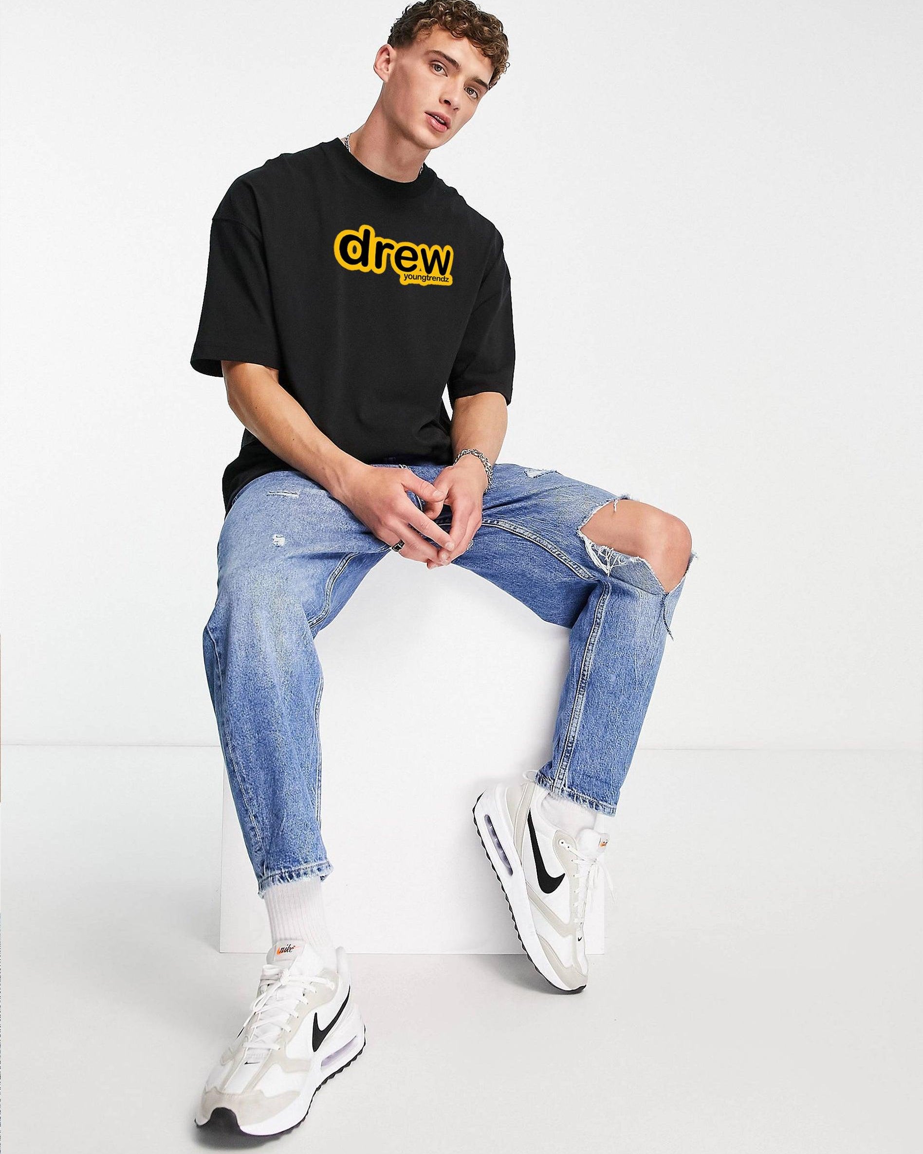 Overzided Drew Typography Men Round Neck Black T-Shirt - Young Trendz