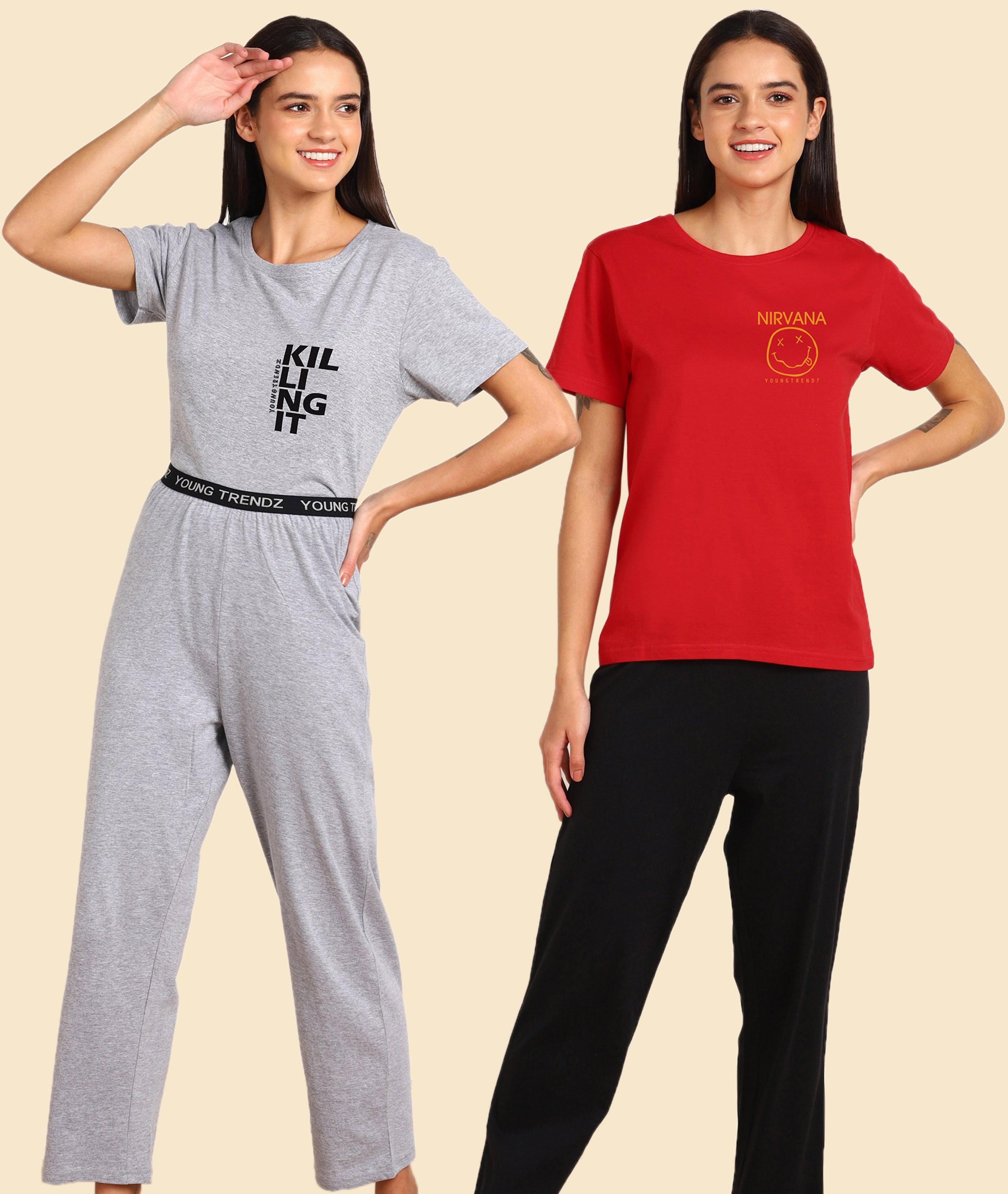 Women Printed T-shirt & Pyjama Set Pure Soft Cotton - Combo Set - Young Trendz