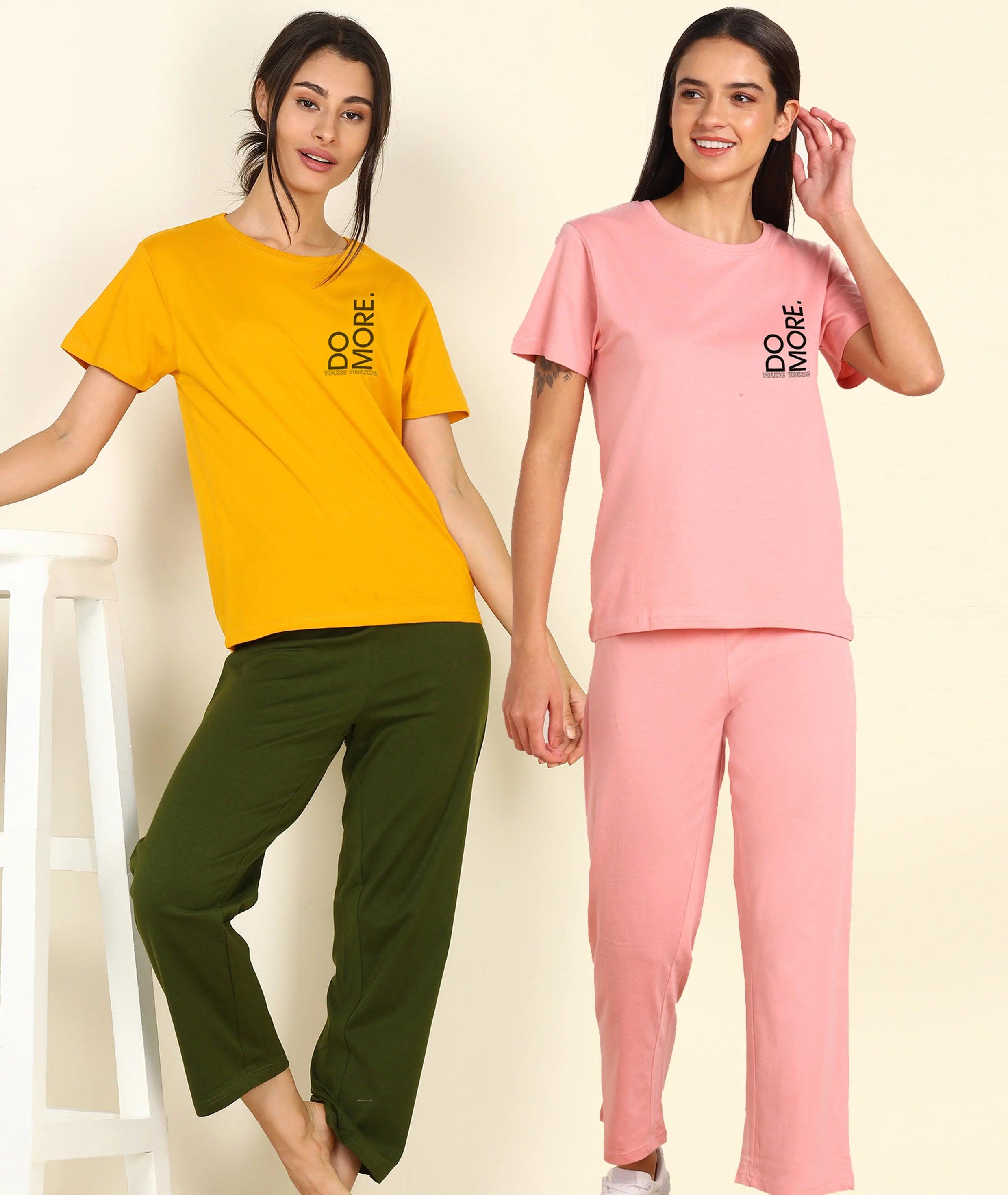 Women Printed T-shirt & Pyjama Set Pure Soft Cotton - Combo Set - Young Trendz