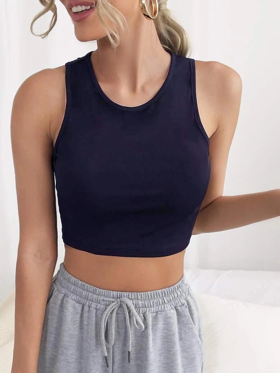 Rib-knit Tank Top Solid - Navy - Young Trendz