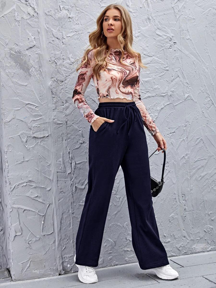 Womens Solid Loose Track Pants (Navy) - Young Trendz