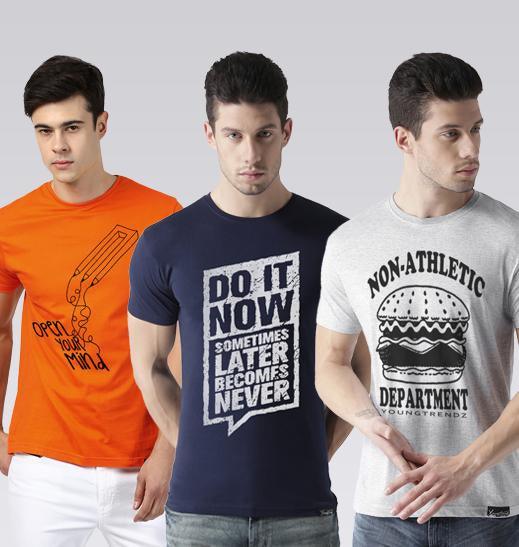 Young Trendz Mens Combo Open Orange Color Doit Navy Color and Burg Grey Color Half Sleeve Printed T-Shirts - Young Trendz
