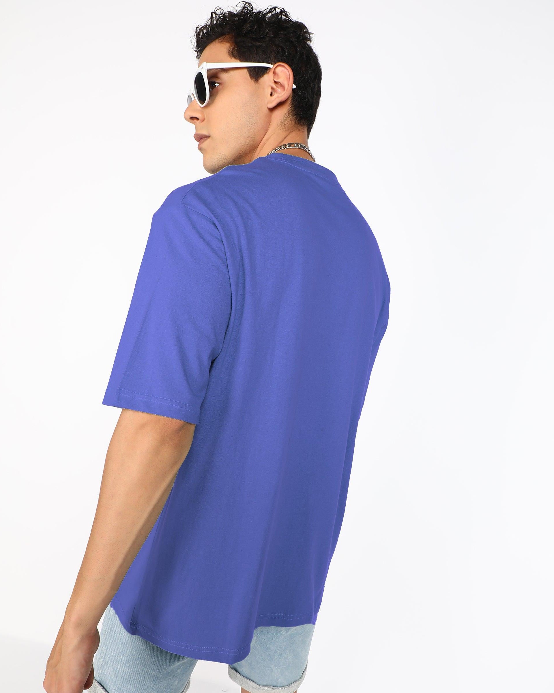 Oversized Typography Men Round Neck Blue T-Shirt - Young Trendz